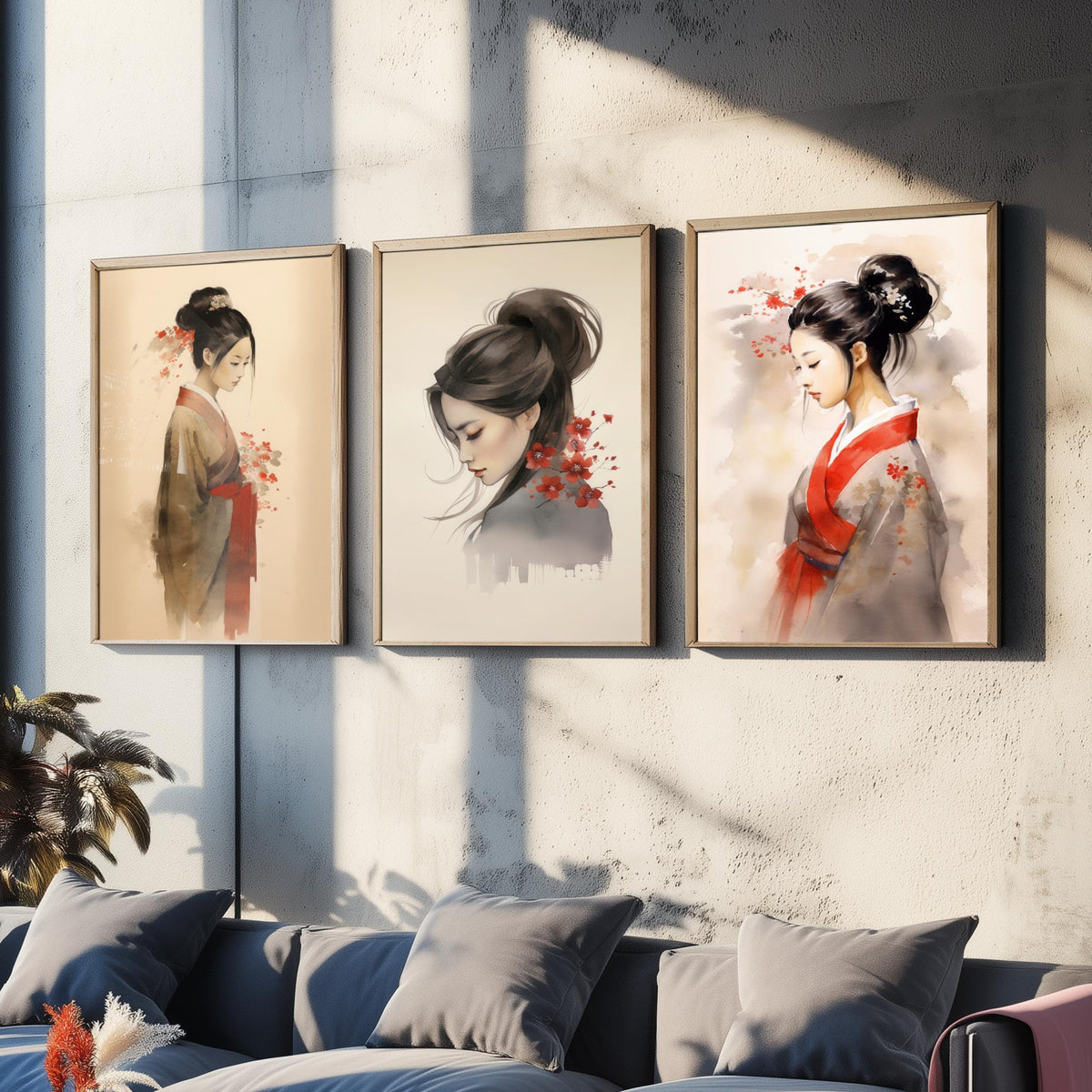 East Asian Woman Watercolour Set of Three Art Prints - Graceful Figures with Red Blossom - Soft Ink Poster Painting