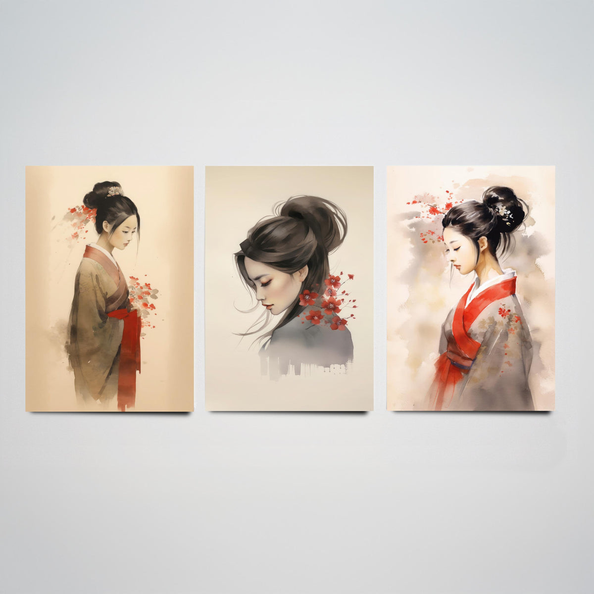 East Asian Woman Watercolour Set of Three Art Prints - Graceful Figures with Red Blossom - Soft Ink Poster Painting