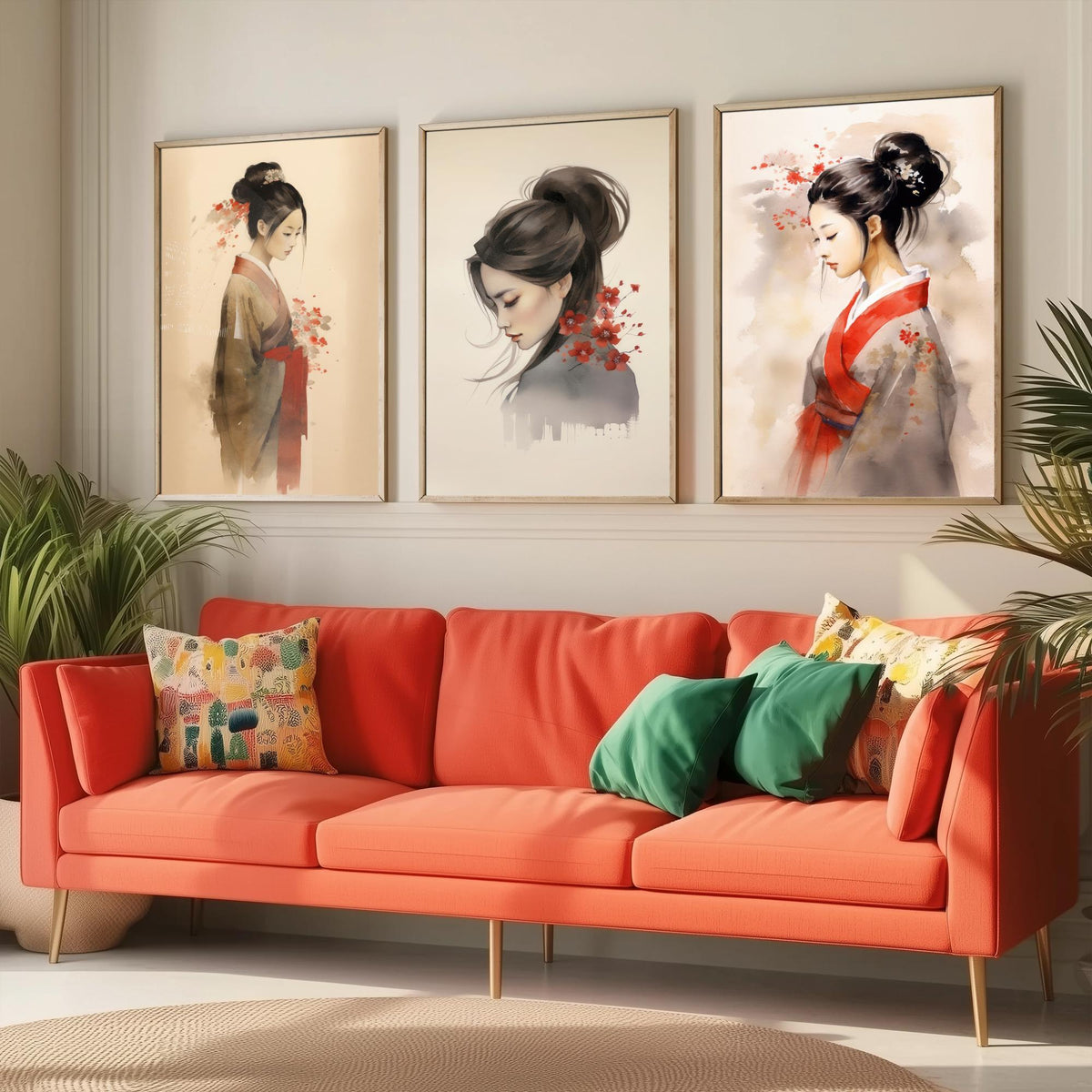 East Asian Woman Watercolour Set of Three Art Prints - Graceful Figures with Red Blossom - Soft Ink Poster Painting