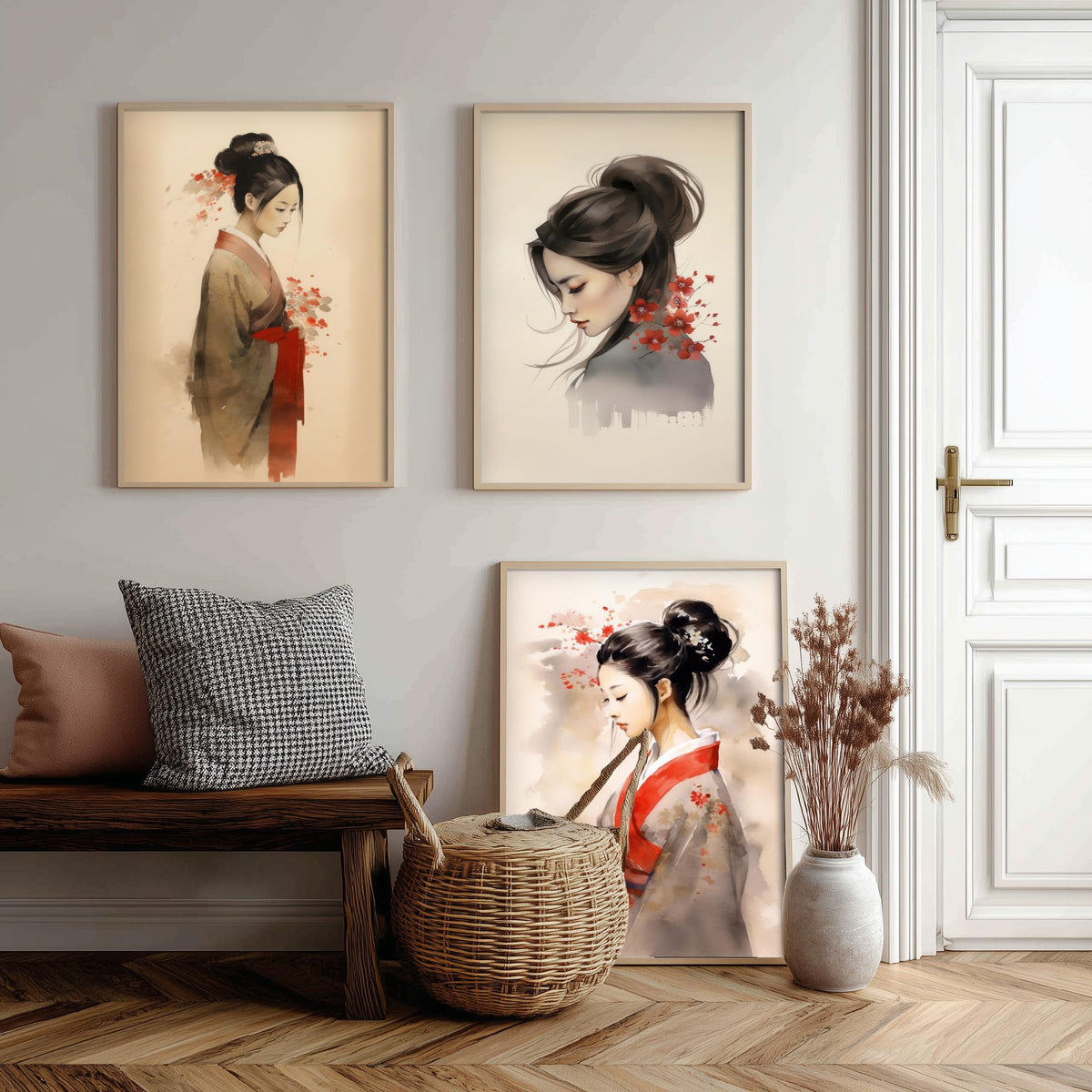 East Asian Woman Watercolour Set of Three Art Prints - Graceful Figures with Red Blossom - Soft Ink Poster Painting