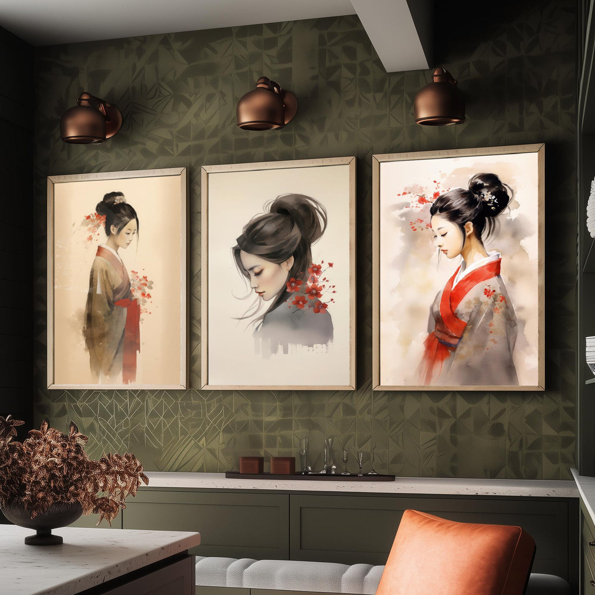 East Asian Woman Watercolour Set of Three Art Prints - Graceful Figures with Red Blossom - Soft Ink Poster Painting