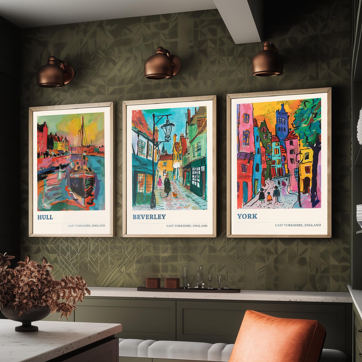 East Yorkshire England Set of Three Prints | Hull Beverley York | Vibrant Fauvist Travel City Wall Art Poster Painting