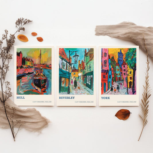 East Yorkshire England Set of Three Prints | Hull Beverley York | Vibrant Fauvist Travel City Wall Art Poster Painting