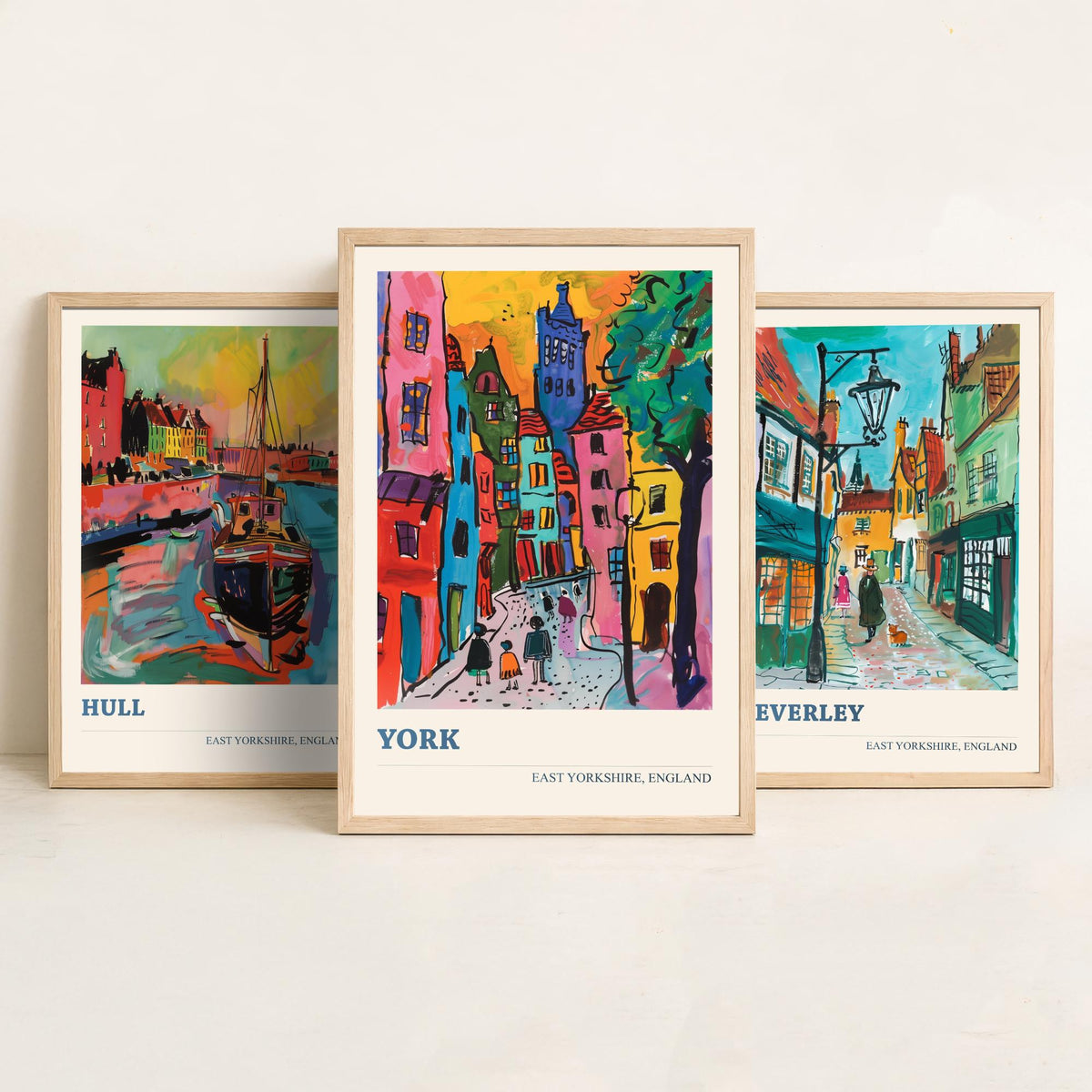 East Yorkshire England Set of Three Prints | Hull Beverley York | Vibrant Fauvist Travel City Wall Art Poster Painting