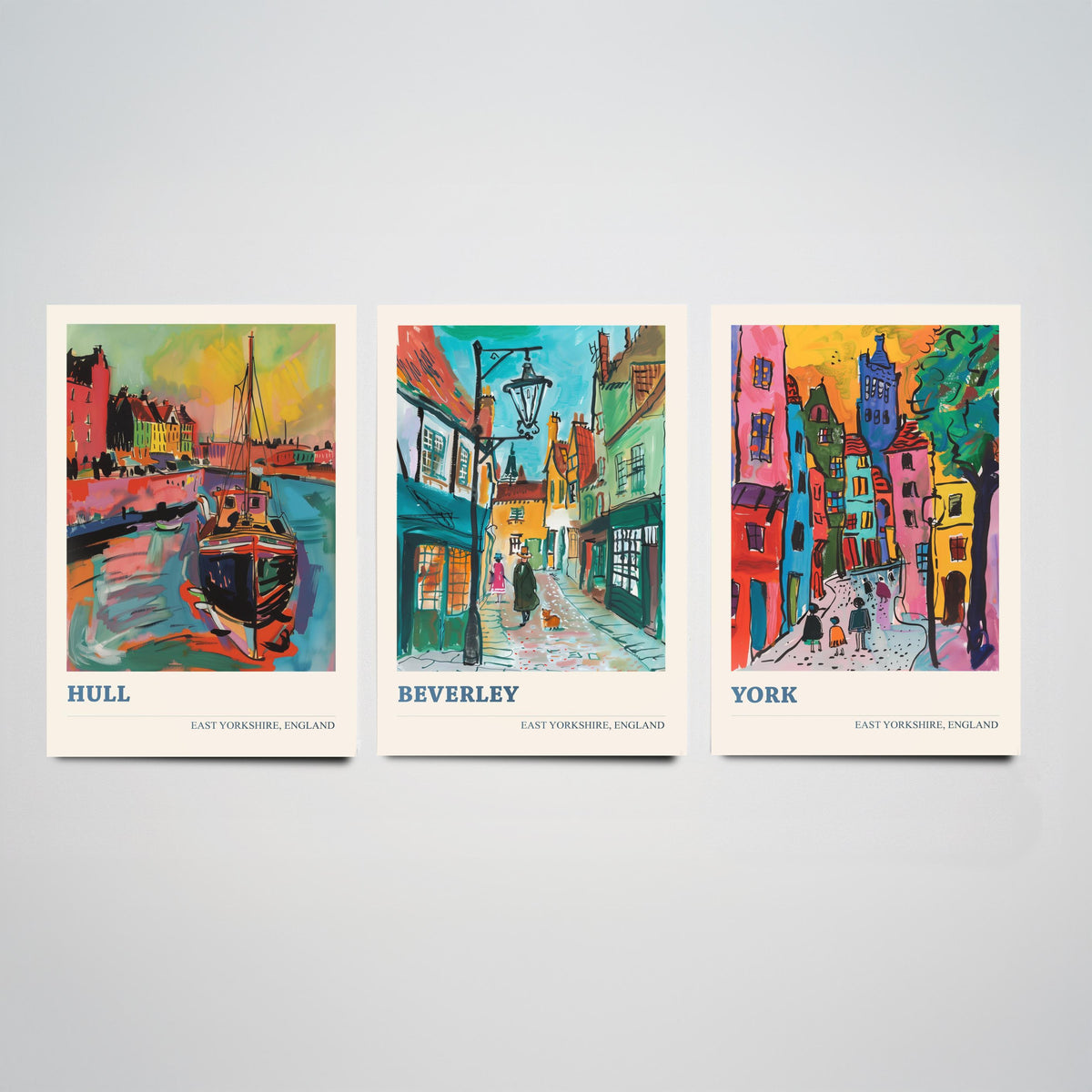 East Yorkshire England Set of Three Prints | Hull Beverley York | Vibrant Fauvist Travel City Wall Art Poster Painting