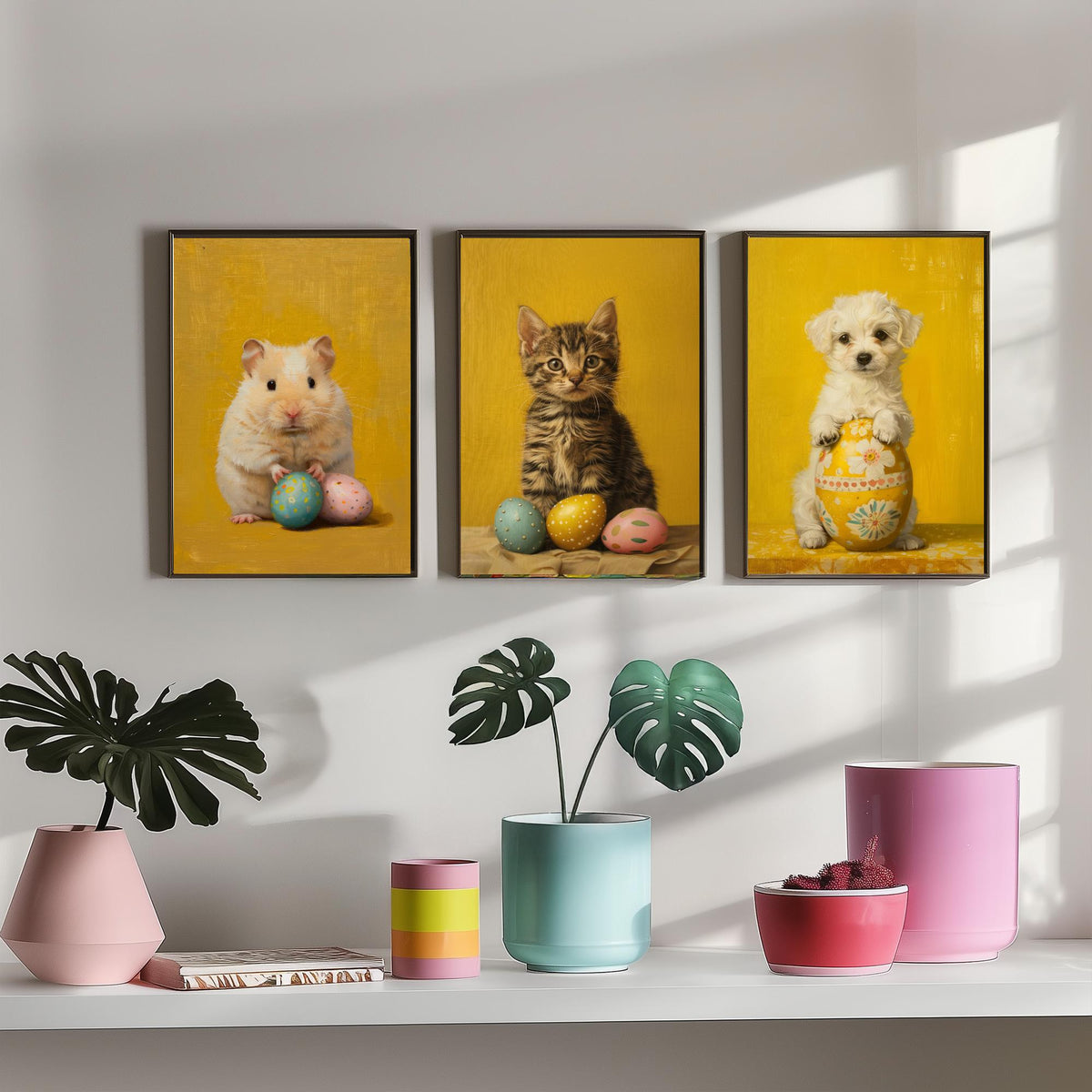 Easter Animals Set of Three Art Prints - 3 Hamster Kitten Puppy Posters - Cute Nursery Wall Art Gift Painting Spring