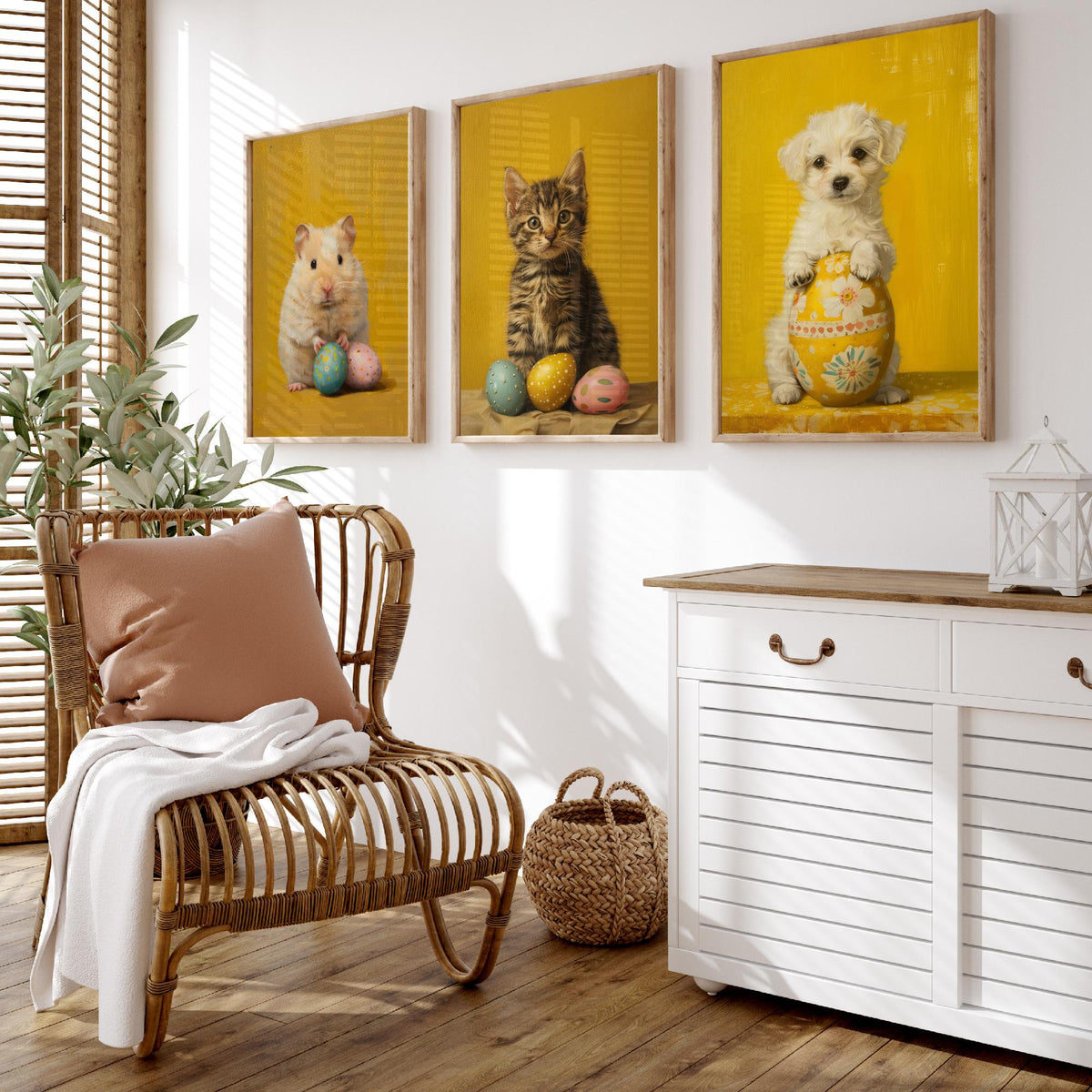 Easter Animals Set of Three Art Prints - 3 Hamster Kitten Puppy Posters - Cute Nursery Wall Art Gift Painting Spring