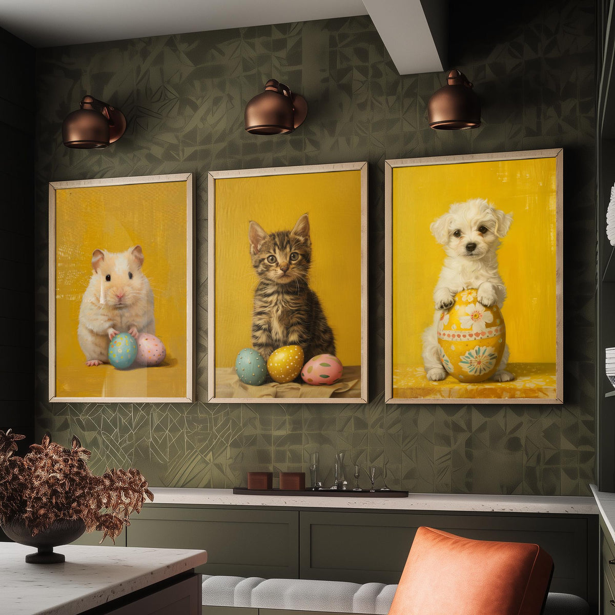Easter Animals Set of Three Art Prints - 3 Hamster Kitten Puppy Posters - Cute Nursery Wall Art Gift Painting Spring