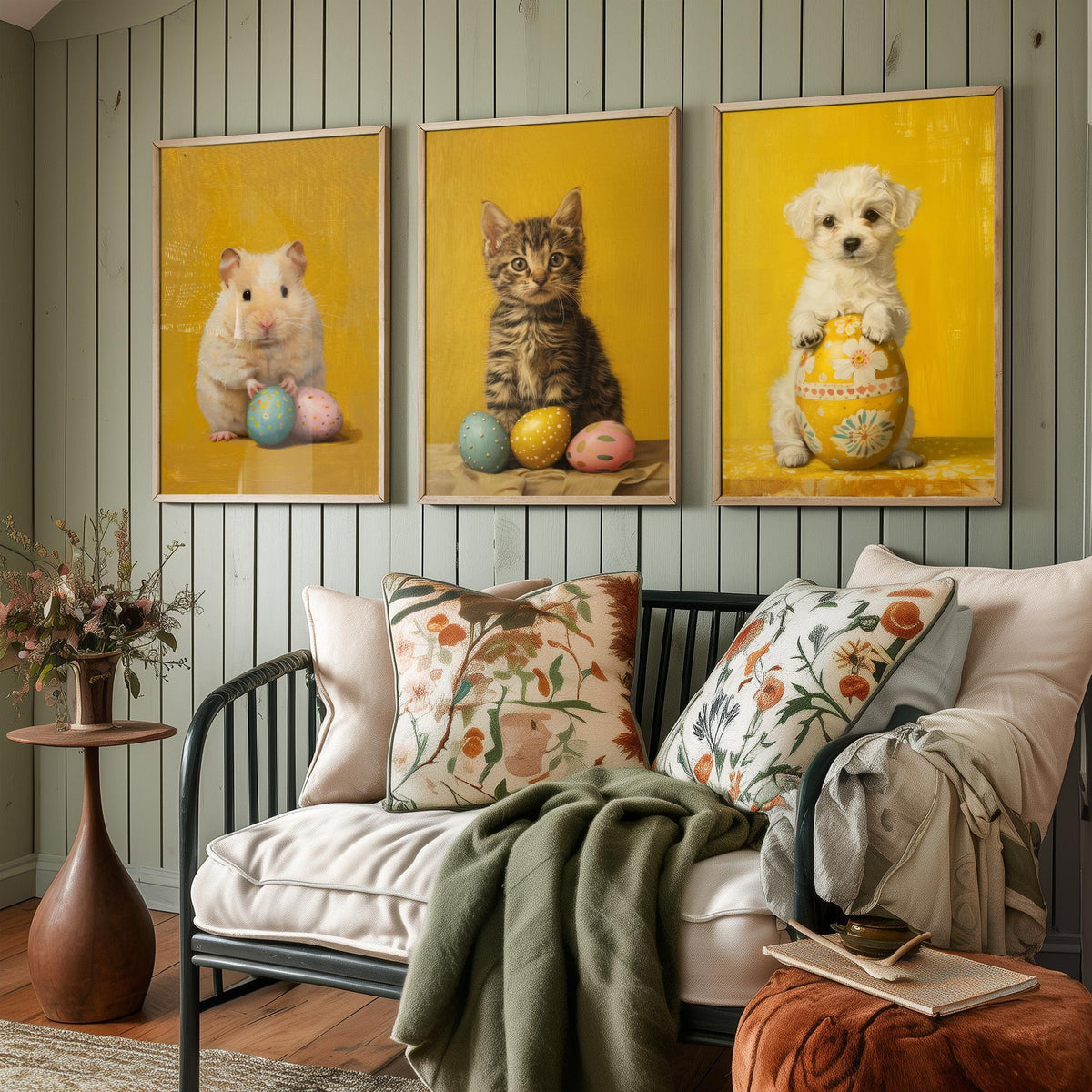 Easter Animals Set of Three Art Prints - 3 Hamster Kitten Puppy Posters - Cute Nursery Wall Art Gift Painting Spring