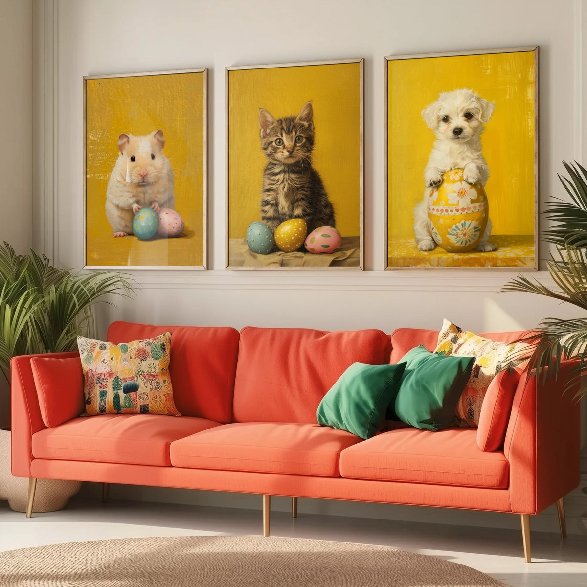 Easter Animals Set of Three Art Prints - 3 Hamster Kitten Puppy Posters - Cute Nursery Wall Art Gift Painting Spring