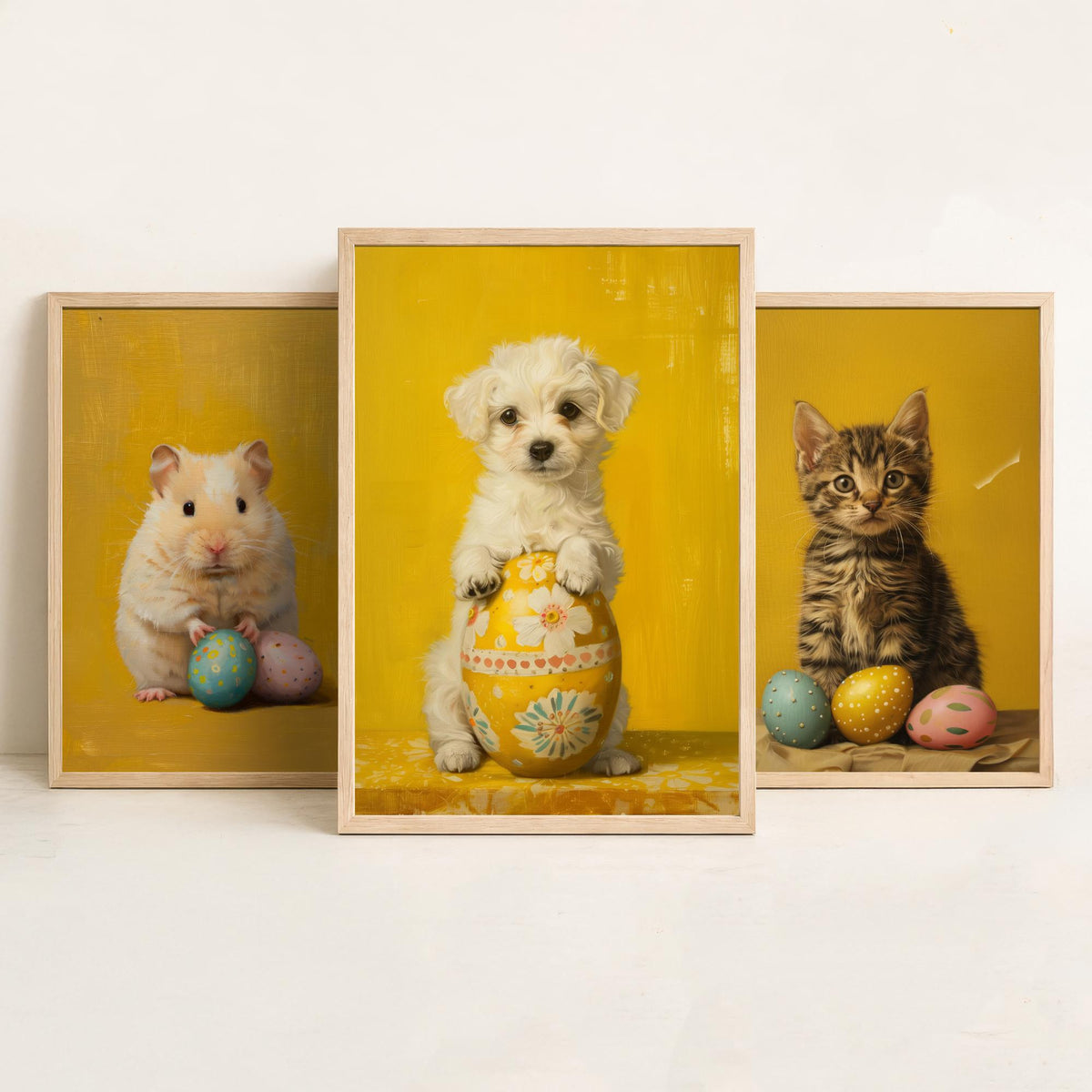 Easter Animals Set of Three Art Prints - 3 Hamster Kitten Puppy Posters - Cute Nursery Wall Art Gift Painting Spring
