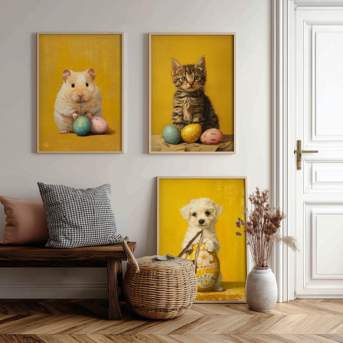 Easter Animals Set of Three Art Prints - 3 Hamster Kitten Puppy Posters - Cute Nursery Wall Art Gift Painting Spring