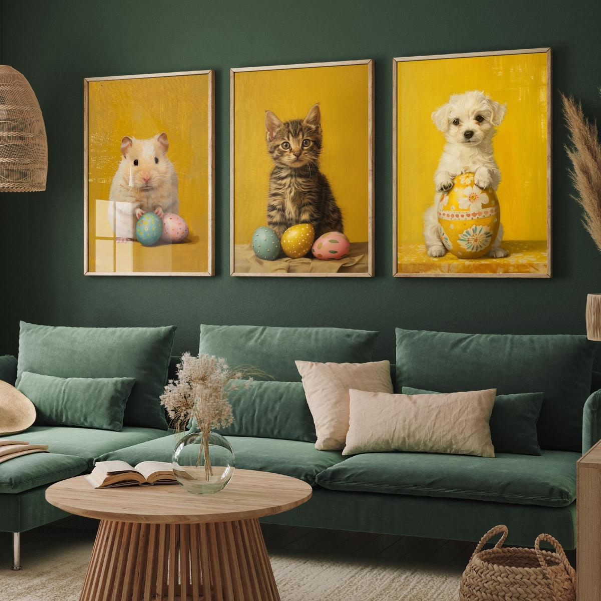 Easter Animals Set of Three Art Prints - 3 Hamster Kitten Puppy Posters - Cute Nursery Wall Art Gift Painting Spring