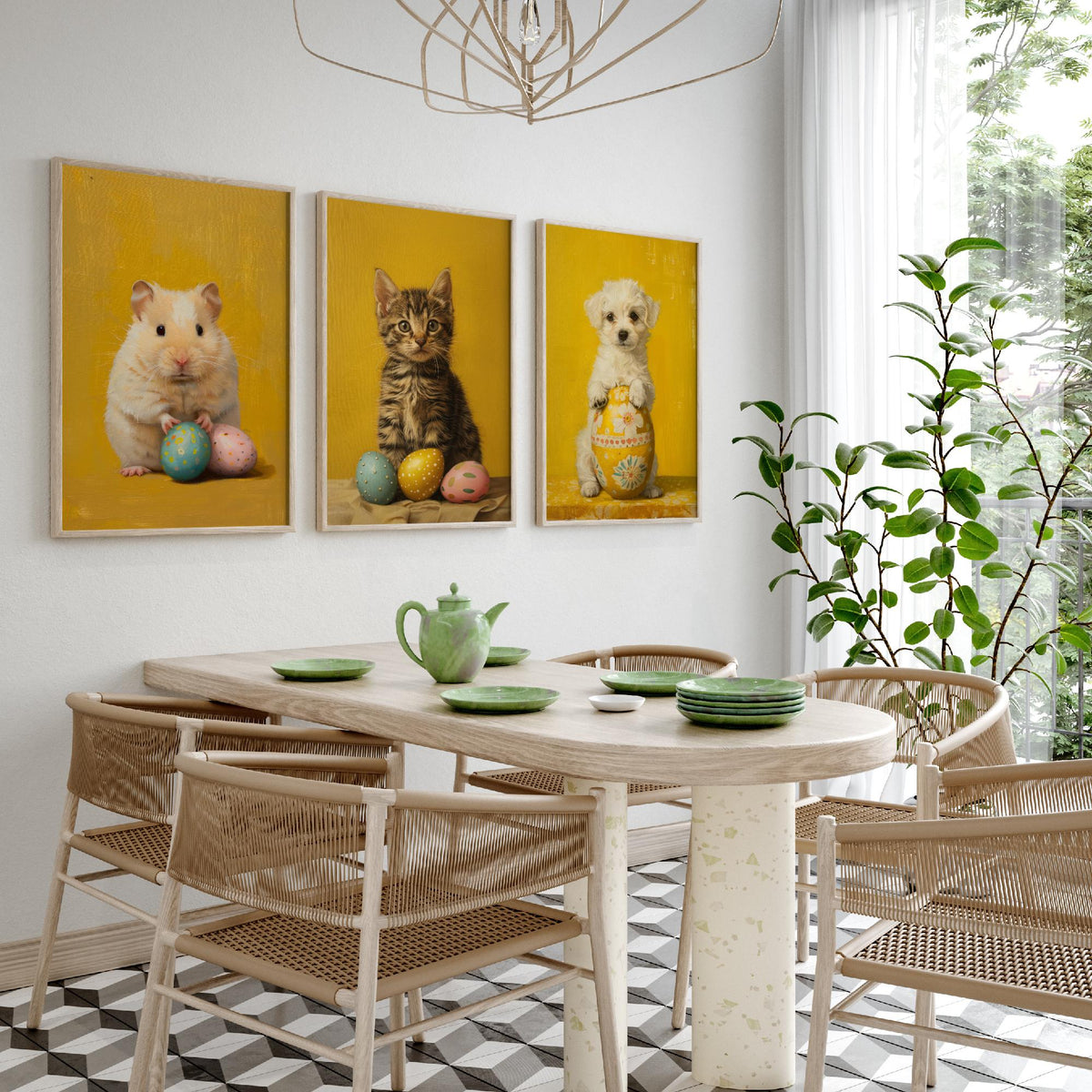 Easter Animals Set of Three Art Prints - 3 Hamster Kitten Puppy Posters - Cute Nursery Wall Art Gift Painting Spring