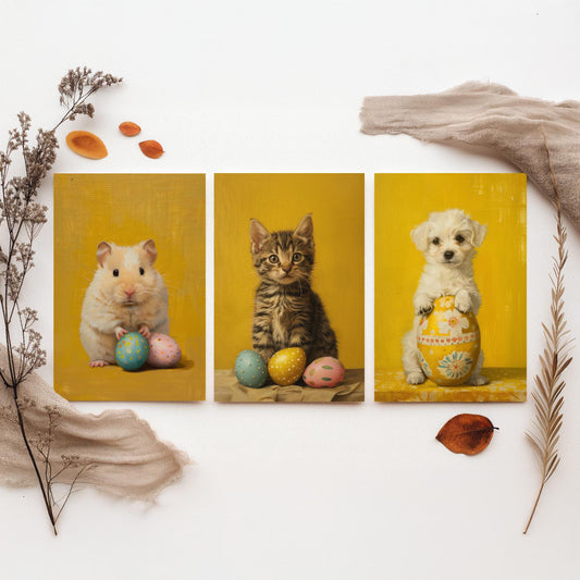 Easter Animals Set of Three Art Prints - 3 Hamster Kitten Puppy Posters - Cute Nursery Wall Art Gift Painting Spring