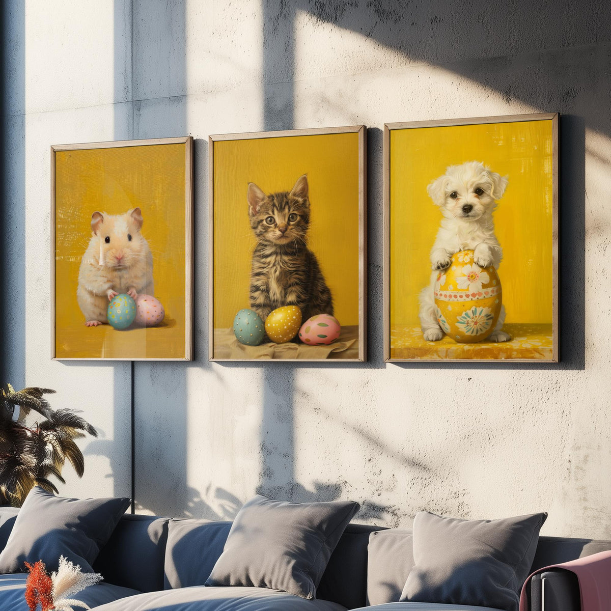 Easter Animals Set of Three Art Prints - 3 Hamster Kitten Puppy Posters - Cute Nursery Wall Art Gift Painting Spring