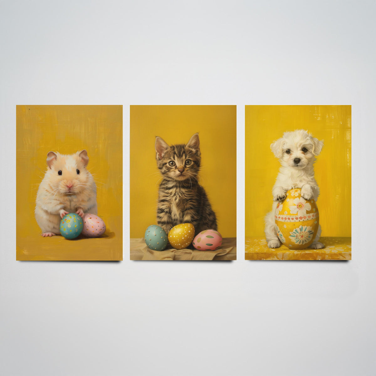 Easter Animals Set of Three Art Prints - 3 Hamster Kitten Puppy Posters - Cute Nursery Wall Art Gift Painting Spring