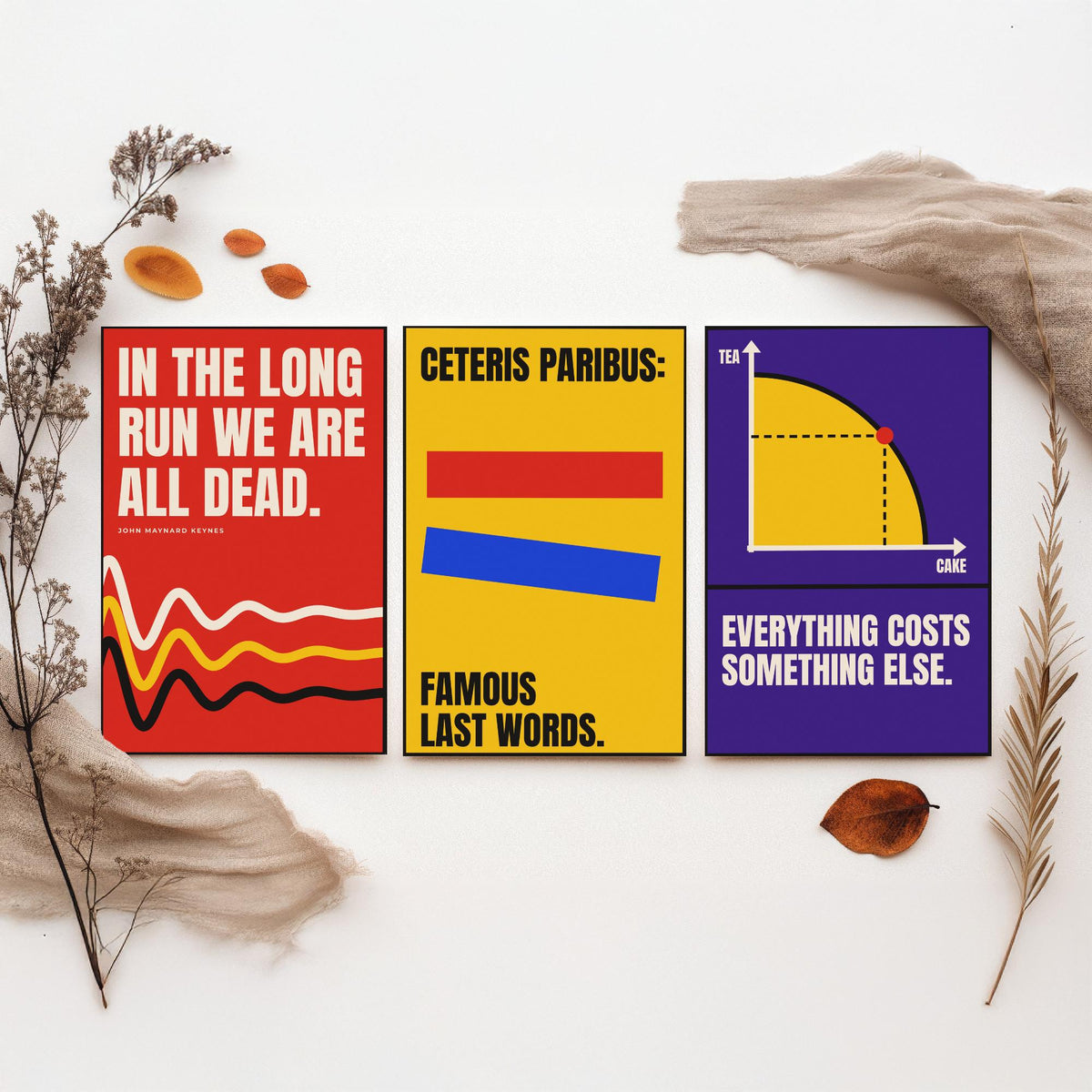 Economics Quotes Set of Three Art Prints - 3 Retro Bauhaus Economist Posters - Minimalist Science Wall Art Illustration V2