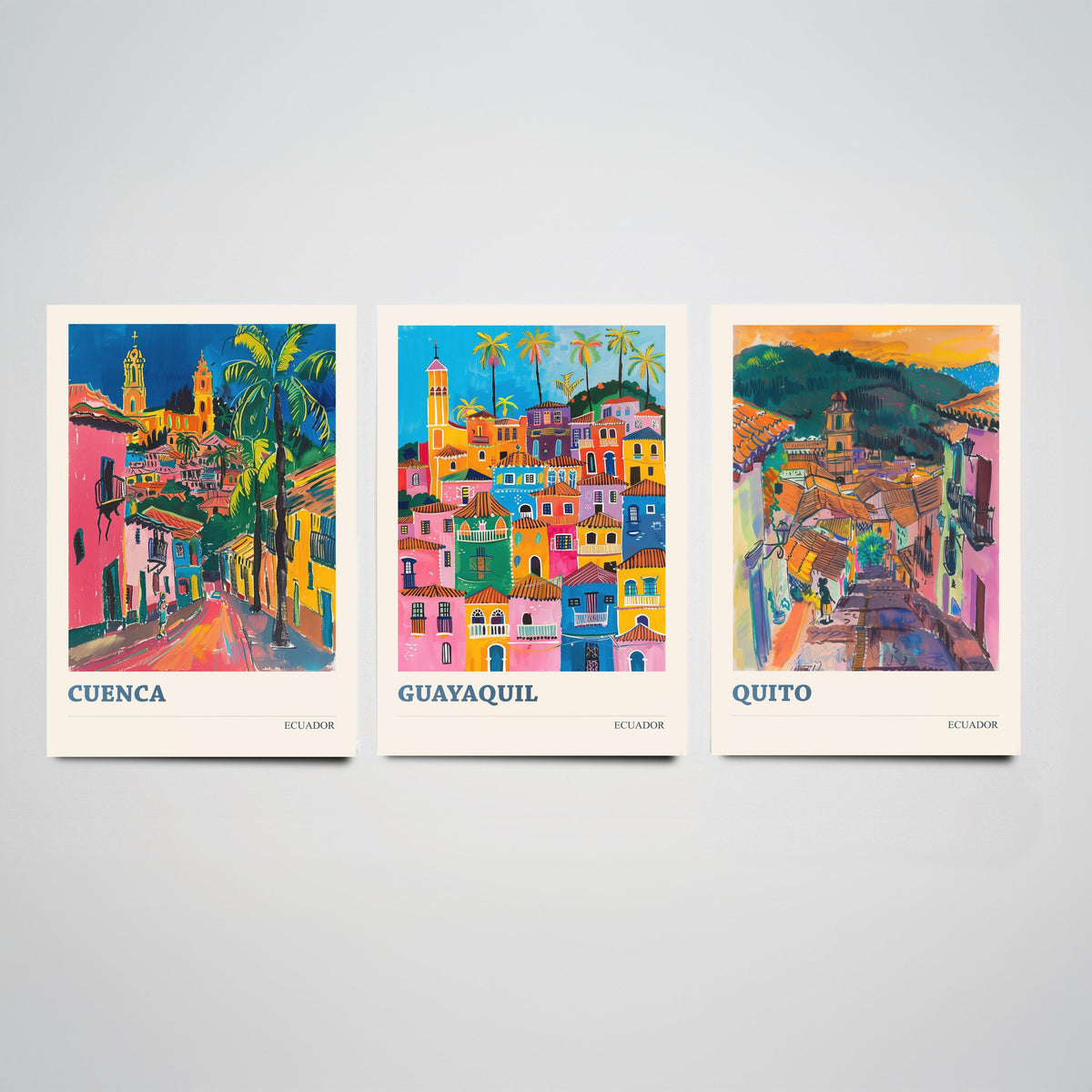 Ecuador Set of Three Prints | Cuenca Guayaquil Quito | Vibrant Fauvist City Travel Wall Art Poster Painting
