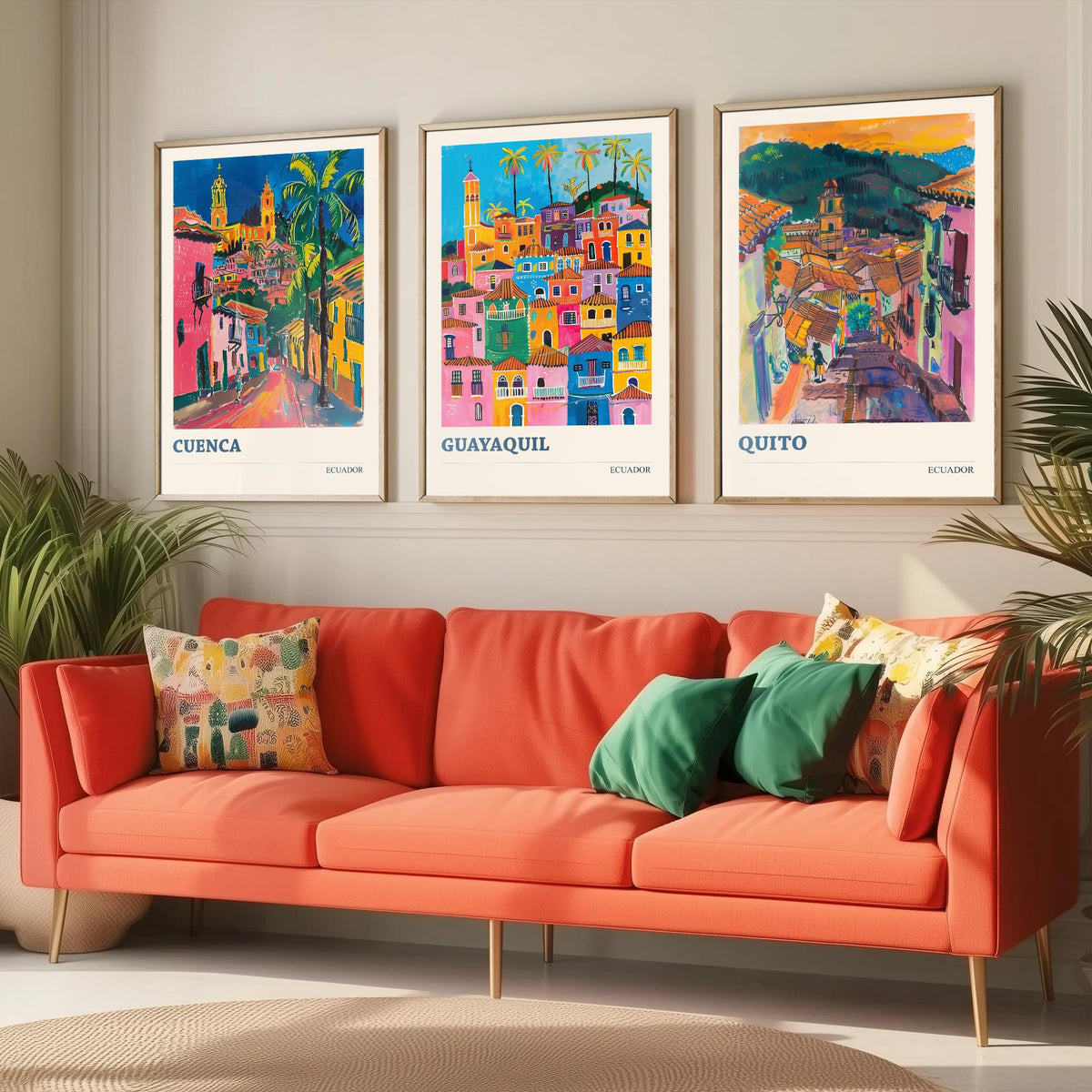 Ecuador Set of Three Prints | Cuenca Guayaquil Quito | Vibrant Fauvist City Travel Wall Art Poster Painting
