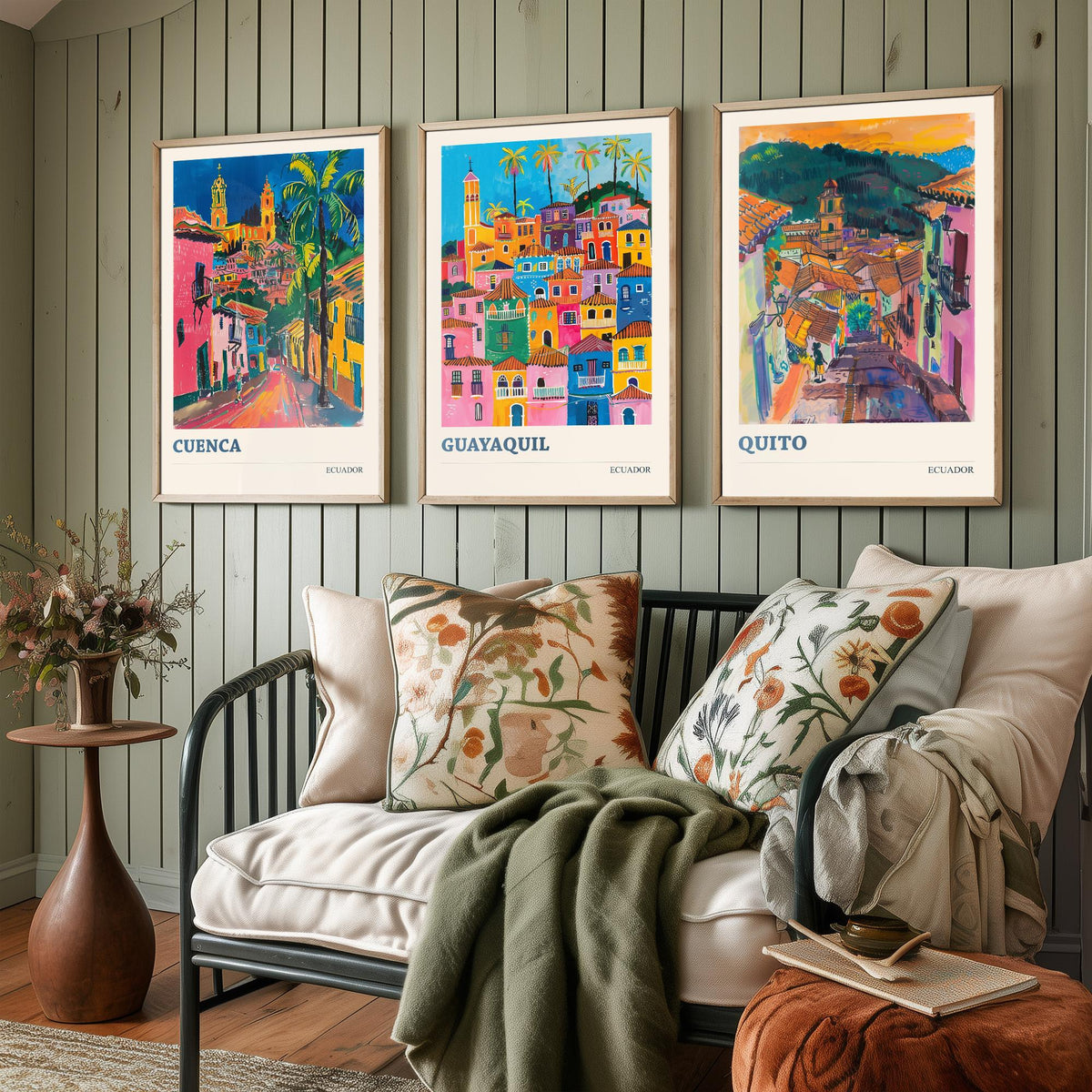 Ecuador Set of Three Prints | Cuenca Guayaquil Quito | Vibrant Fauvist City Travel Wall Art Poster Painting
