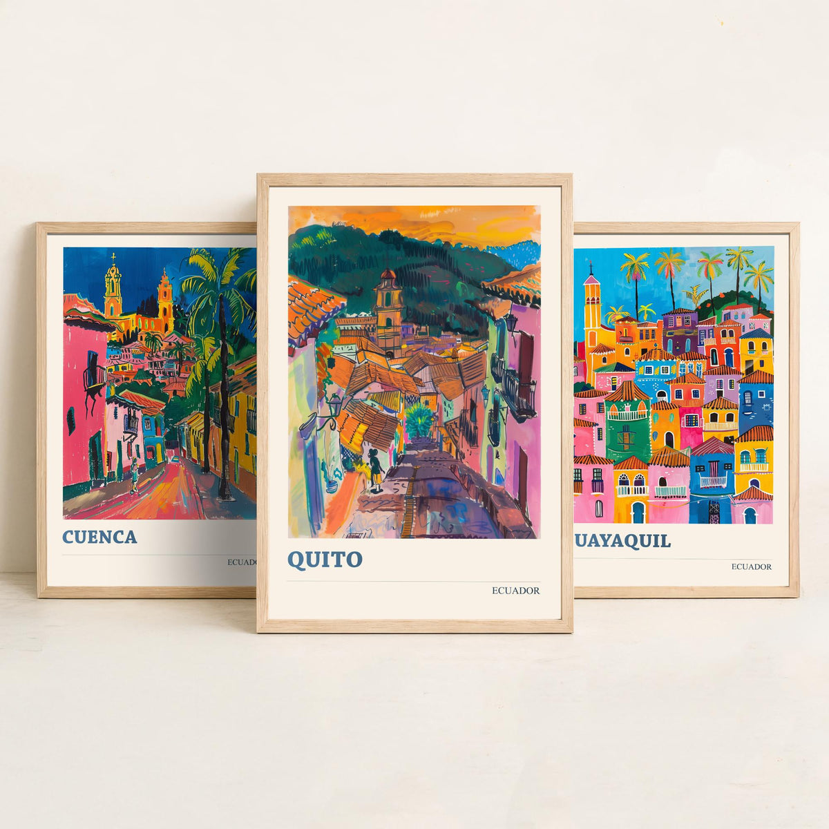 Ecuador Set of Three Prints | Cuenca Guayaquil Quito | Vibrant Fauvist City Travel Wall Art Poster Painting