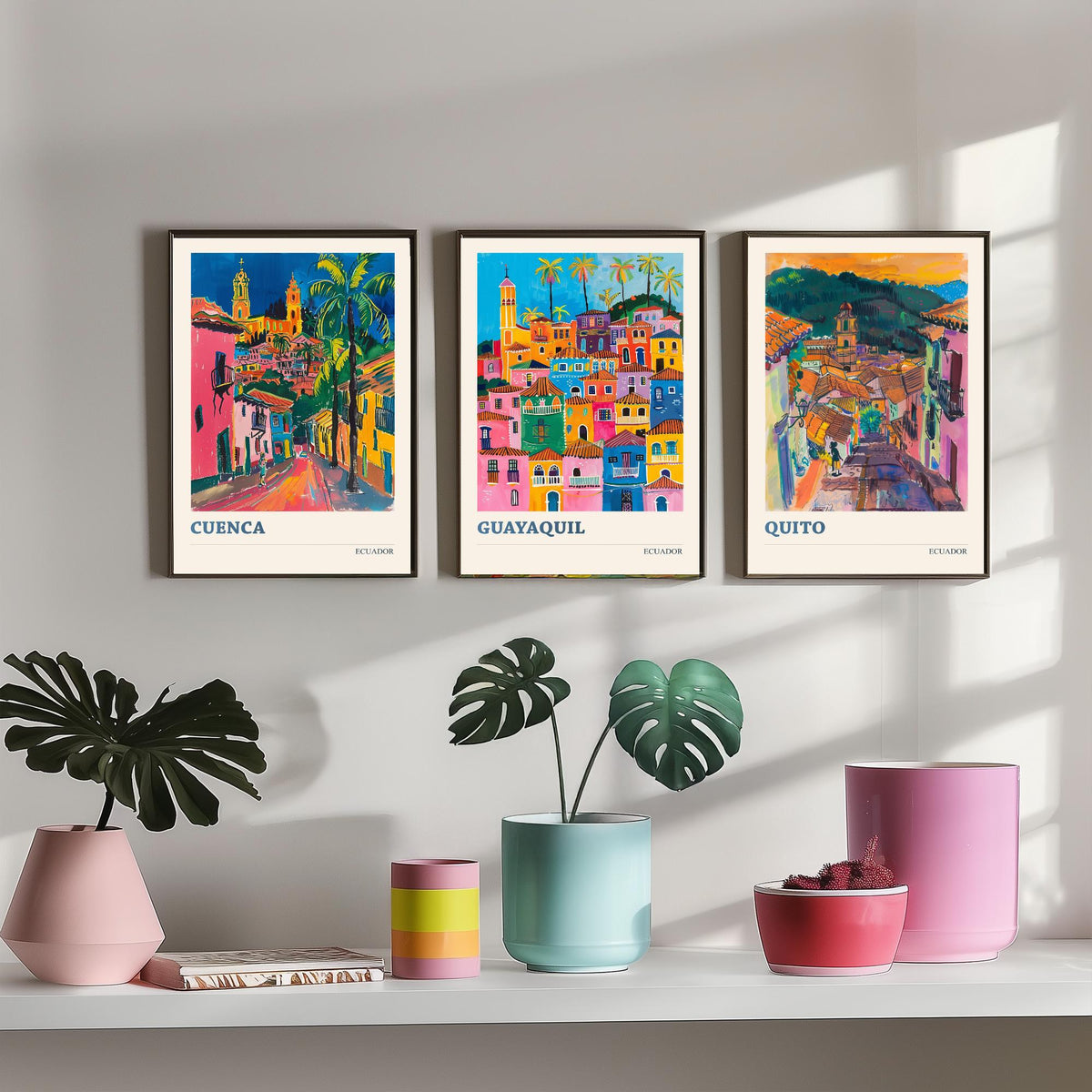 Ecuador Set of Three Prints | Cuenca Guayaquil Quito | Vibrant Fauvist City Travel Wall Art Poster Painting