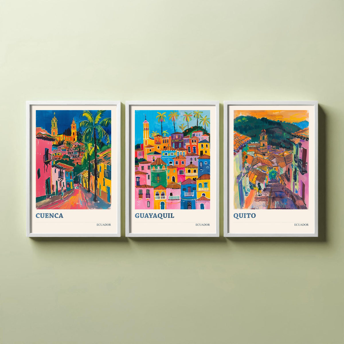 Ecuador Set of Three Prints | Cuenca Guayaquil Quito | Vibrant Fauvist City Travel Wall Art Poster Painting