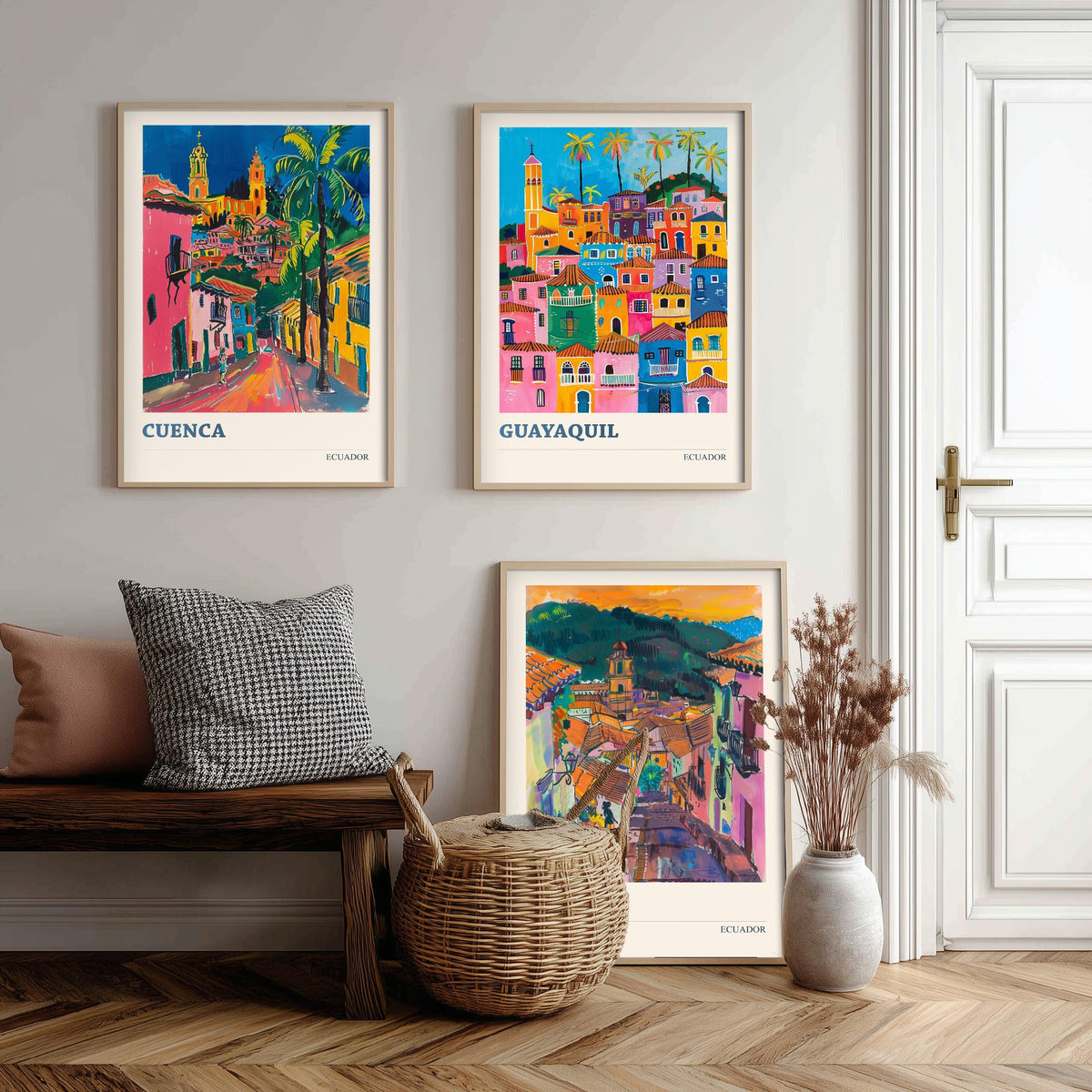 Ecuador Set of Three Prints | Cuenca Guayaquil Quito | Vibrant Fauvist City Travel Wall Art Poster Painting