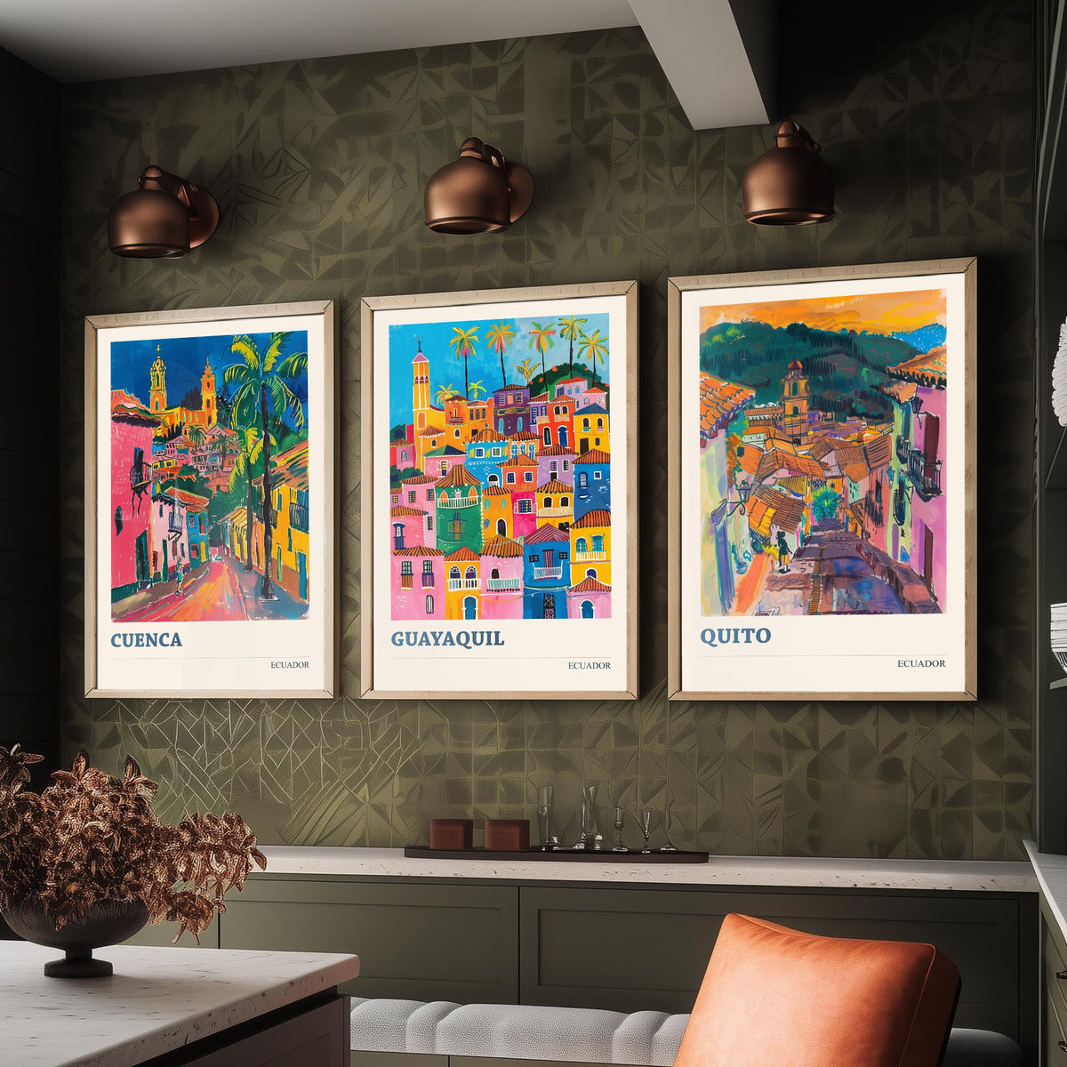 Ecuador Set of Three Prints | Cuenca Guayaquil Quito | Vibrant Fauvist City Travel Wall Art Poster Painting