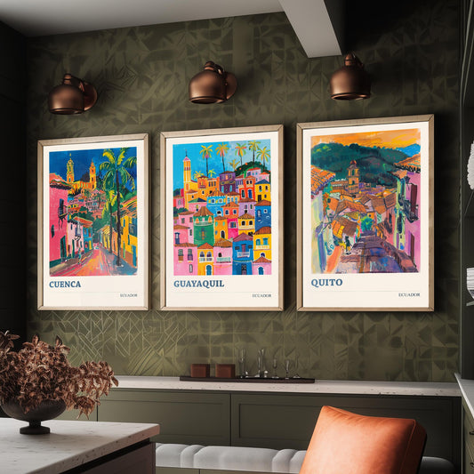 Ecuador Set of Three Prints | Cuenca Guayaquil Quito | Vibrant Fauvist City Travel Wall Art Poster Painting