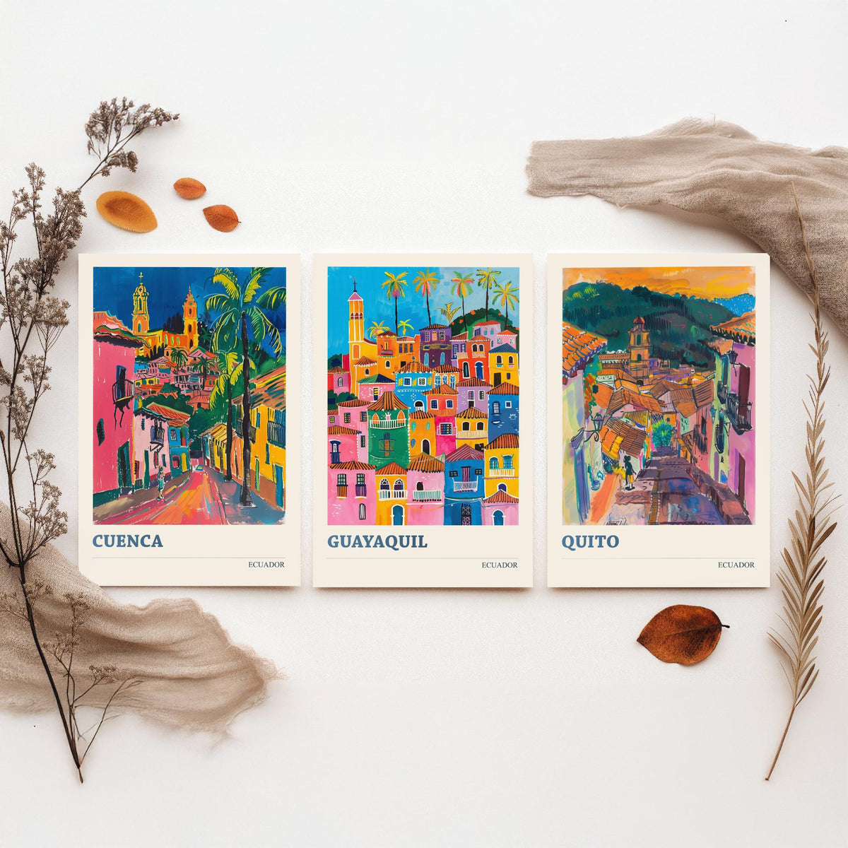 Ecuador Set of Three Prints | Cuenca Guayaquil Quito | Vibrant Fauvist City Travel Wall Art Poster Painting