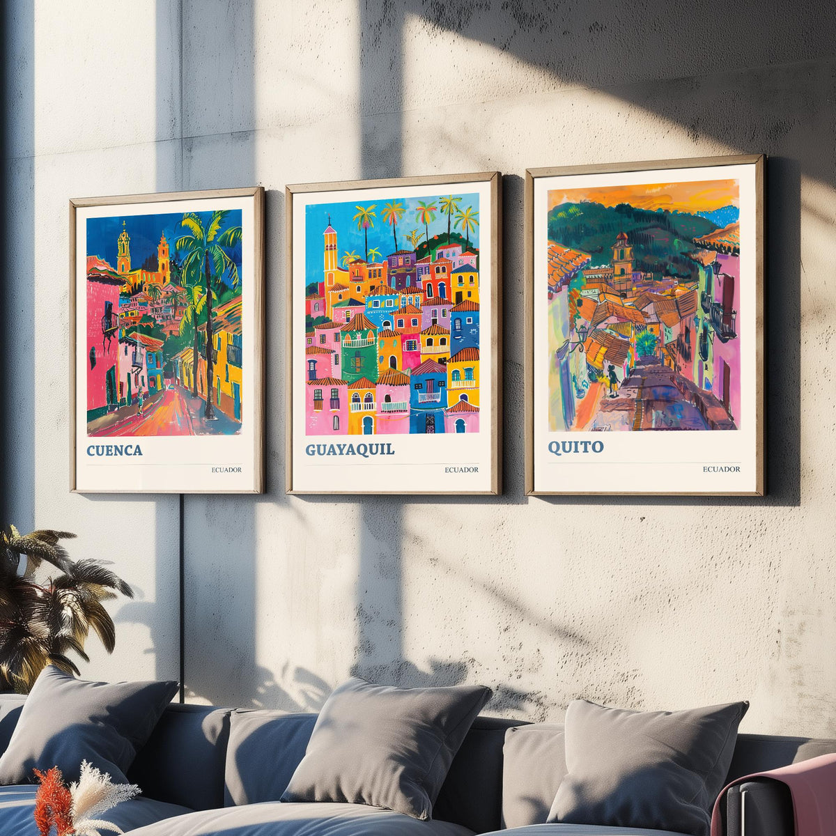 Ecuador Set of Three Prints | Cuenca Guayaquil Quito | Vibrant Fauvist City Travel Wall Art Poster Painting