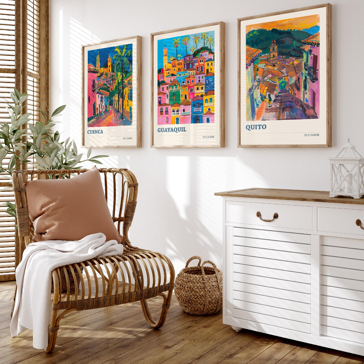 Ecuador Set of Three Prints | Cuenca Guayaquil Quito | Vibrant Fauvist City Travel Wall Art Poster Painting