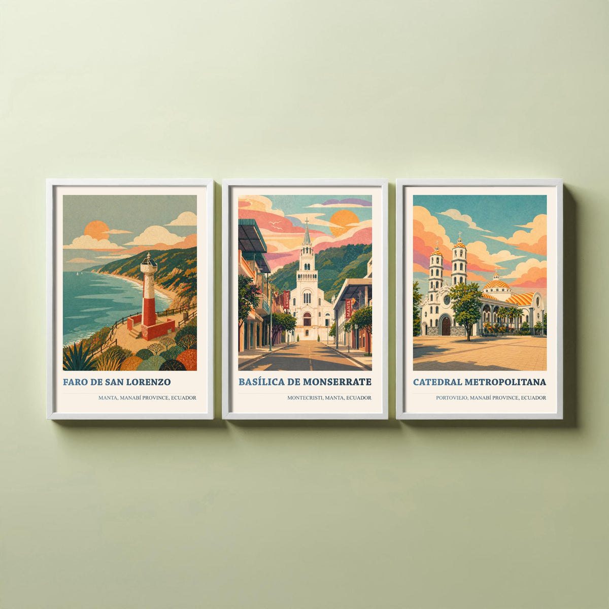 Ecuador Manabi Set of Three Prints | Manta Montecristi Portoviejo | Vintage Coast Travel Wall Art Poster Illustration