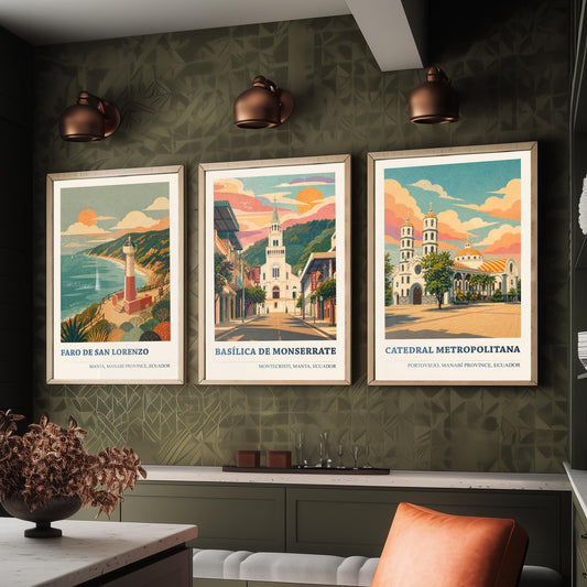 Ecuador Manabi Set of Three Prints | Manta Montecristi Portoviejo | Vintage Coast Travel Wall Art Poster Illustration
