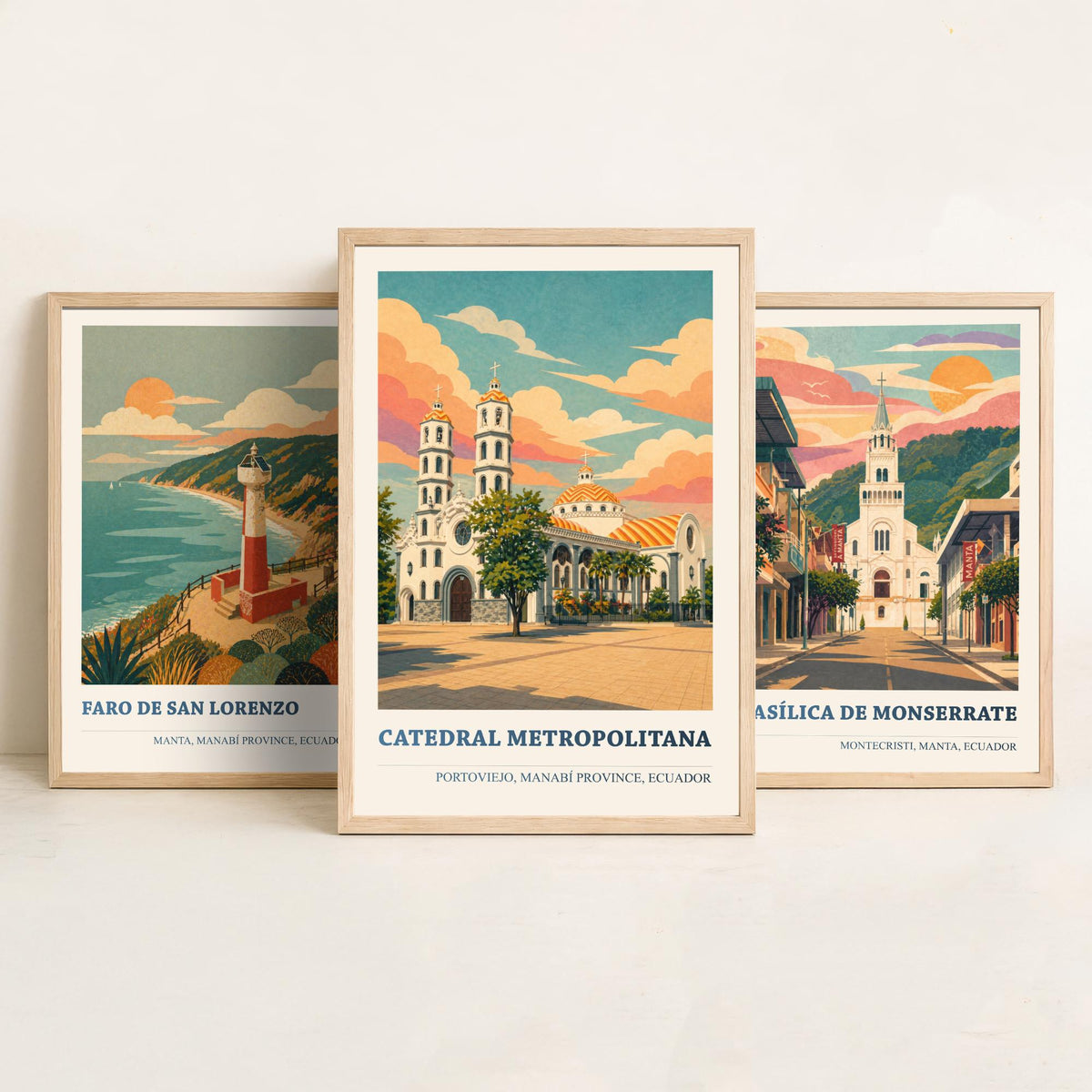 Ecuador Manabi Set of Three Prints | Manta Montecristi Portoviejo | Vintage Coast Travel Wall Art Poster Illustration