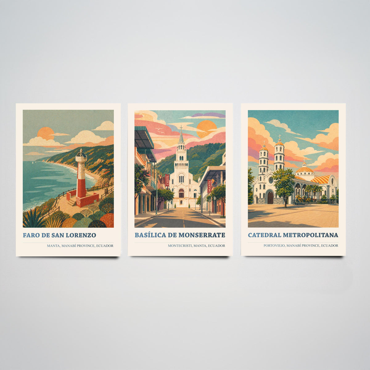 Ecuador Manabi Set of Three Prints | Manta Montecristi Portoviejo | Vintage Coast Travel Wall Art Poster Illustration