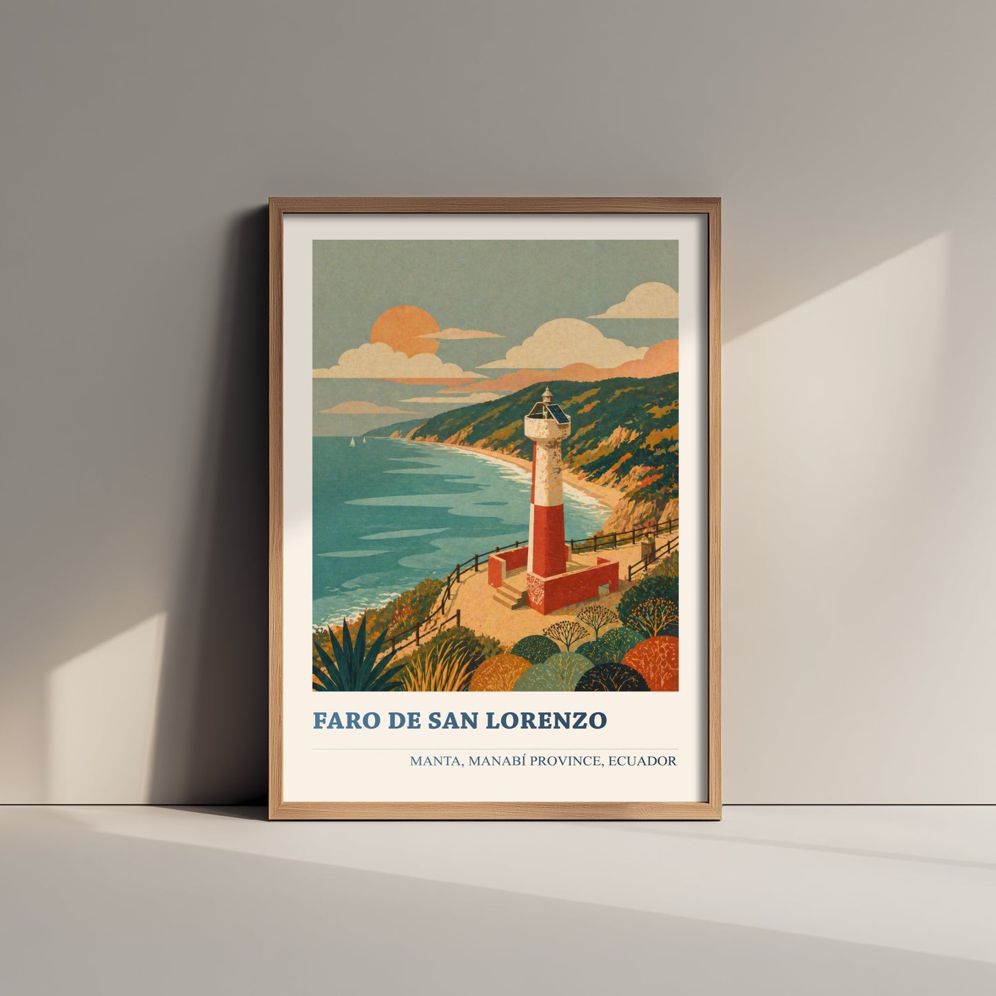Manta Ecuador Travel Poster - Faro de San Lorenzo Art Print - Vibrant Coastal Illustration - Lighthouse Beach 1/3