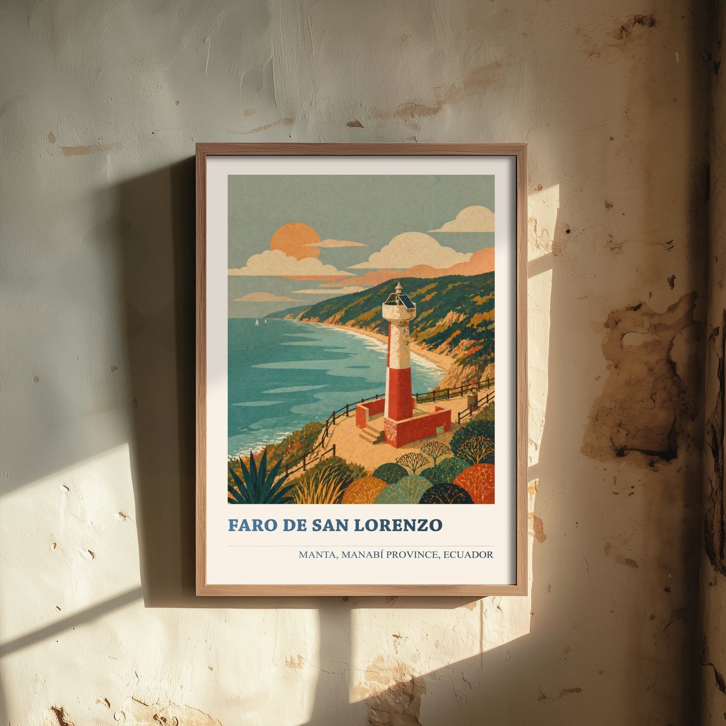 Manta Ecuador Travel Poster - Faro de San Lorenzo Art Print - Vibrant Coastal Illustration - Lighthouse Beach 1/3