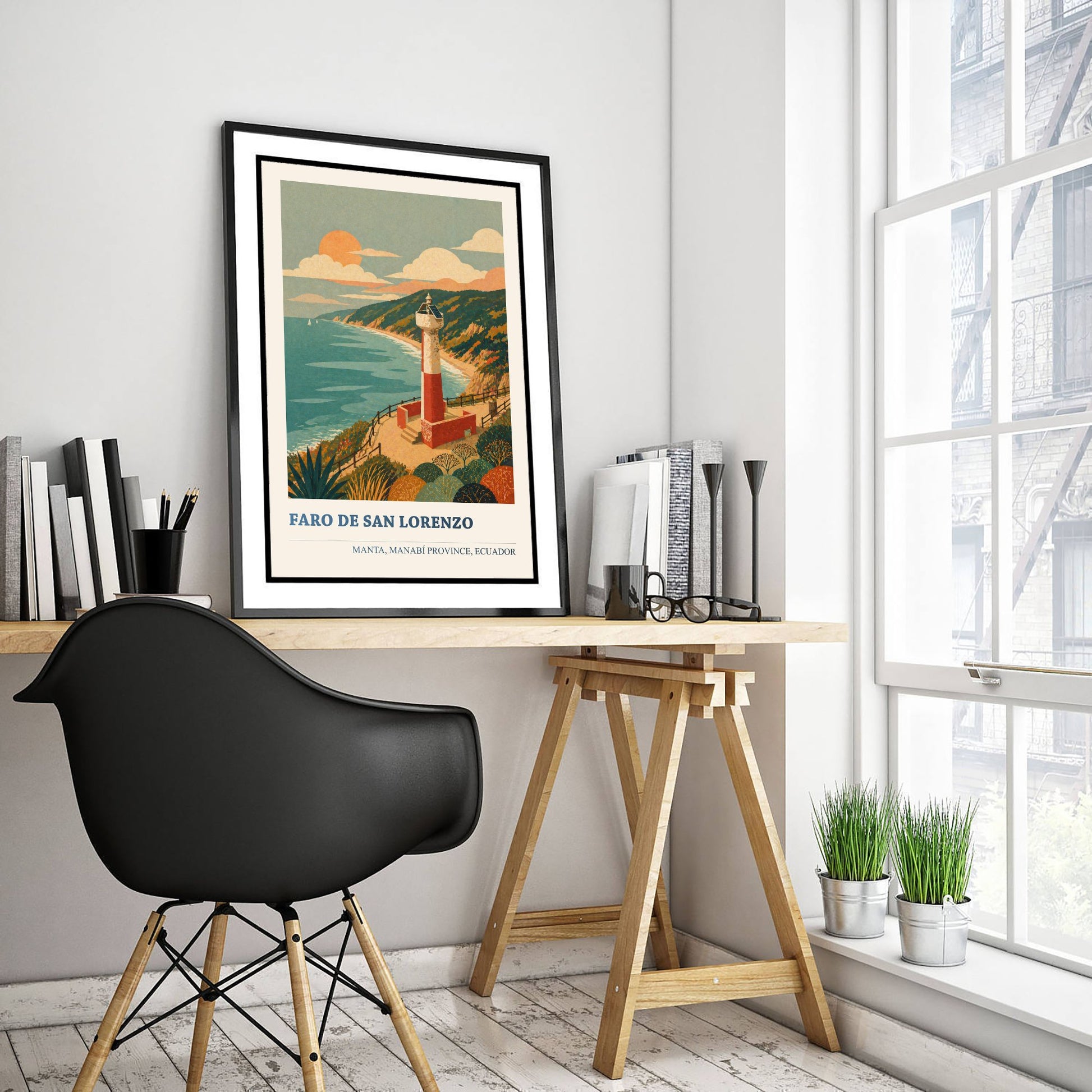 Manta Ecuador Travel Poster - Faro de San Lorenzo Art Print - Vibrant Coastal Illustration - Lighthouse Beach 1/3