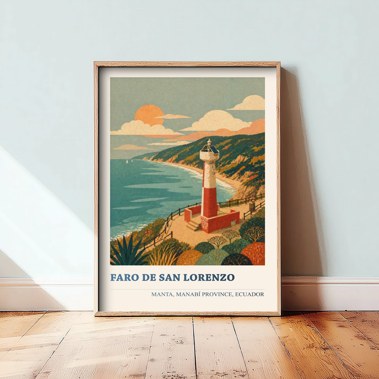 Manta Ecuador Travel Poster - Faro de San Lorenzo Art Print - Vibrant Coastal Illustration - Lighthouse Beach 1/3