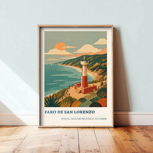 Manta Ecuador Travel Poster - Faro de San Lorenzo Art Print - Vibrant Coastal Illustration - Lighthouse Beach 1/3