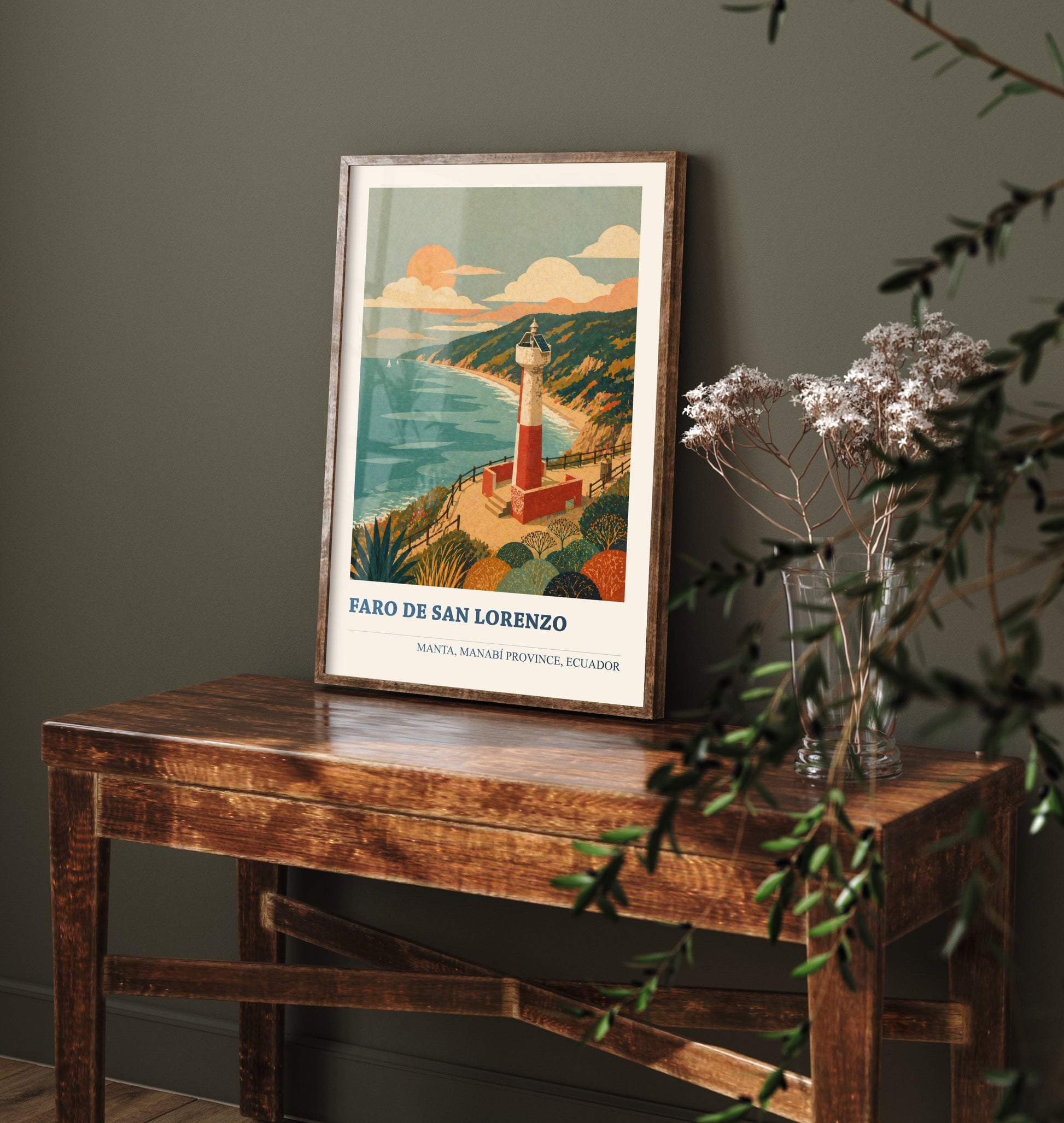 Manta Ecuador Travel Poster - Faro de San Lorenzo Art Print - Vibrant Coastal Illustration - Lighthouse Beach 1/3