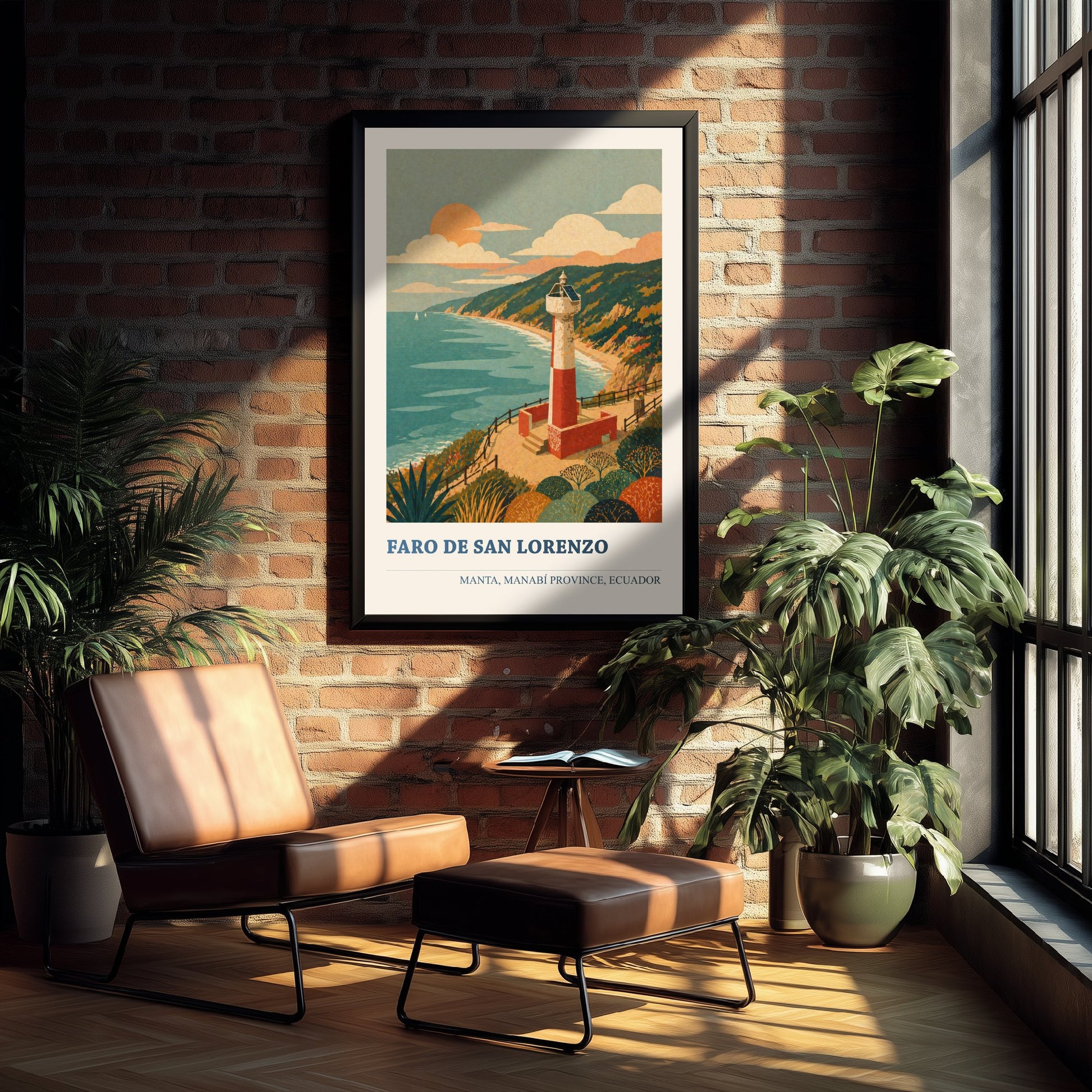 Manta Ecuador Travel Poster - Faro de San Lorenzo Art Print - Vibrant Coastal Illustration - Lighthouse Beach 1/3
