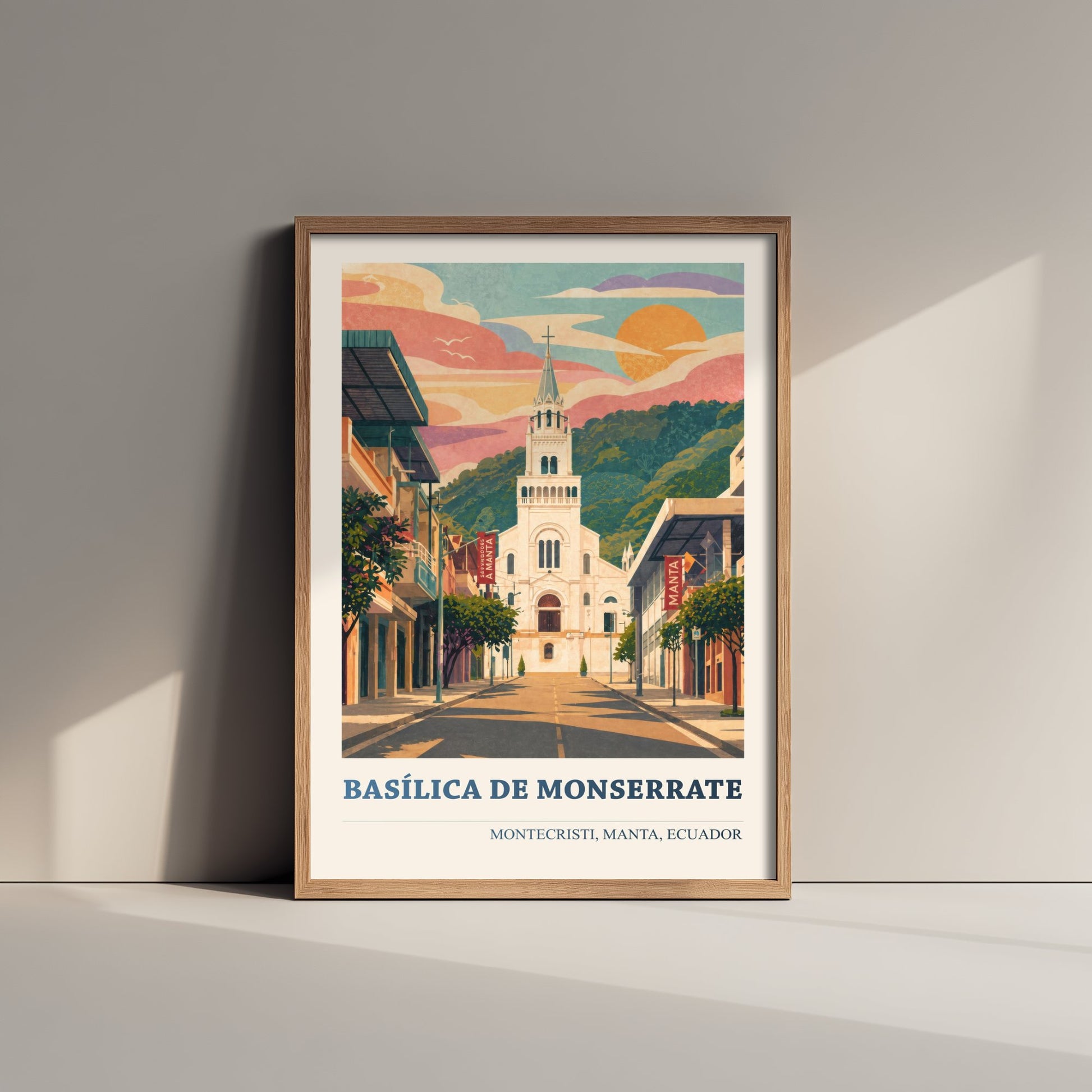 Montecristi Ecuador Travel Poster - Basilica de Monserrate Art Print - Vibrant City Illustration - White Church 2/3