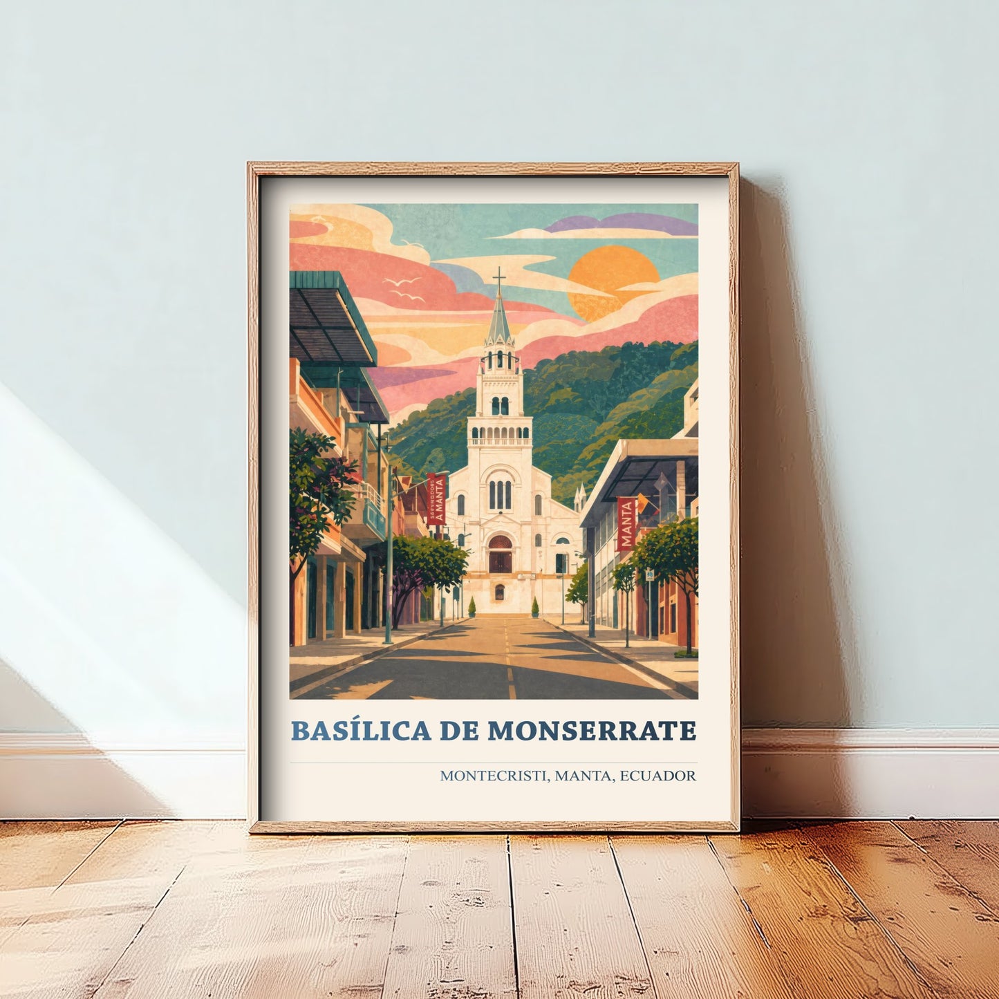Montecristi Ecuador Travel Poster - Basilica de Monserrate Art Print - Vibrant City Illustration - White Church 2/3