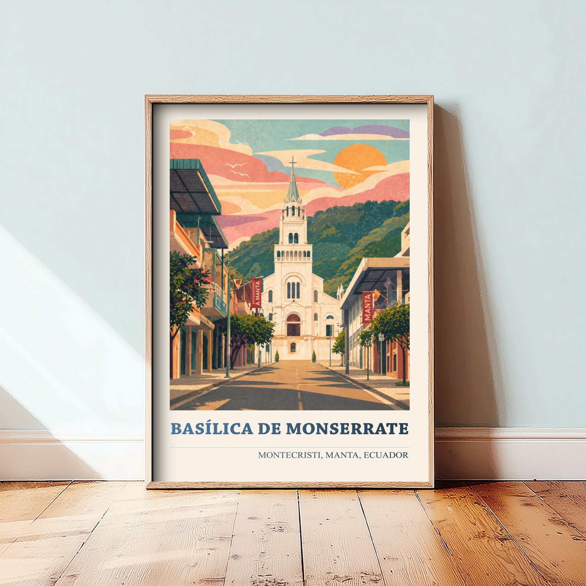 Montecristi Ecuador Travel Poster - Basilica de Monserrate Art Print - Vibrant City Illustration - White Church 2/3