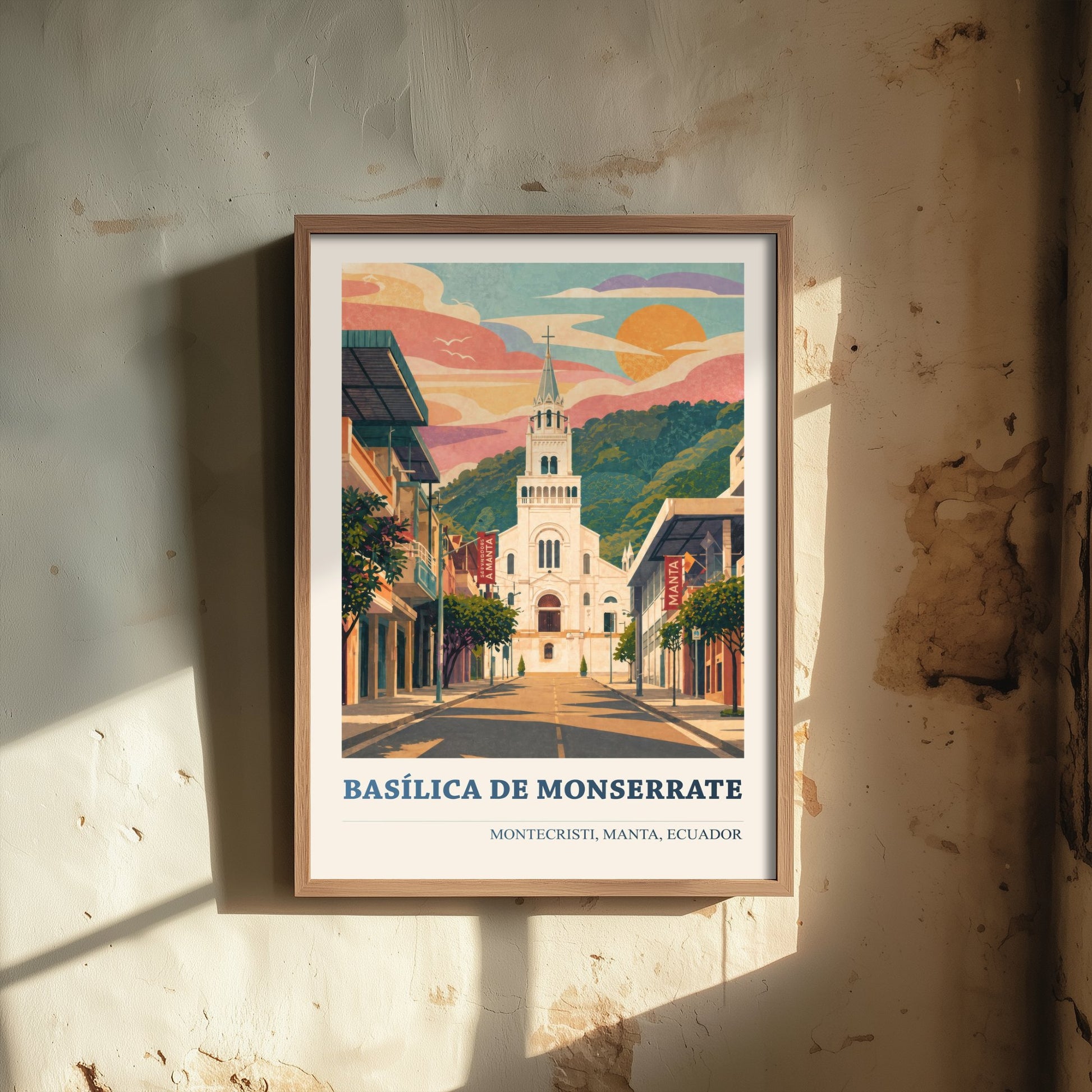 Montecristi Ecuador Travel Poster - Basilica de Monserrate Art Print - Vibrant City Illustration - White Church 2/3