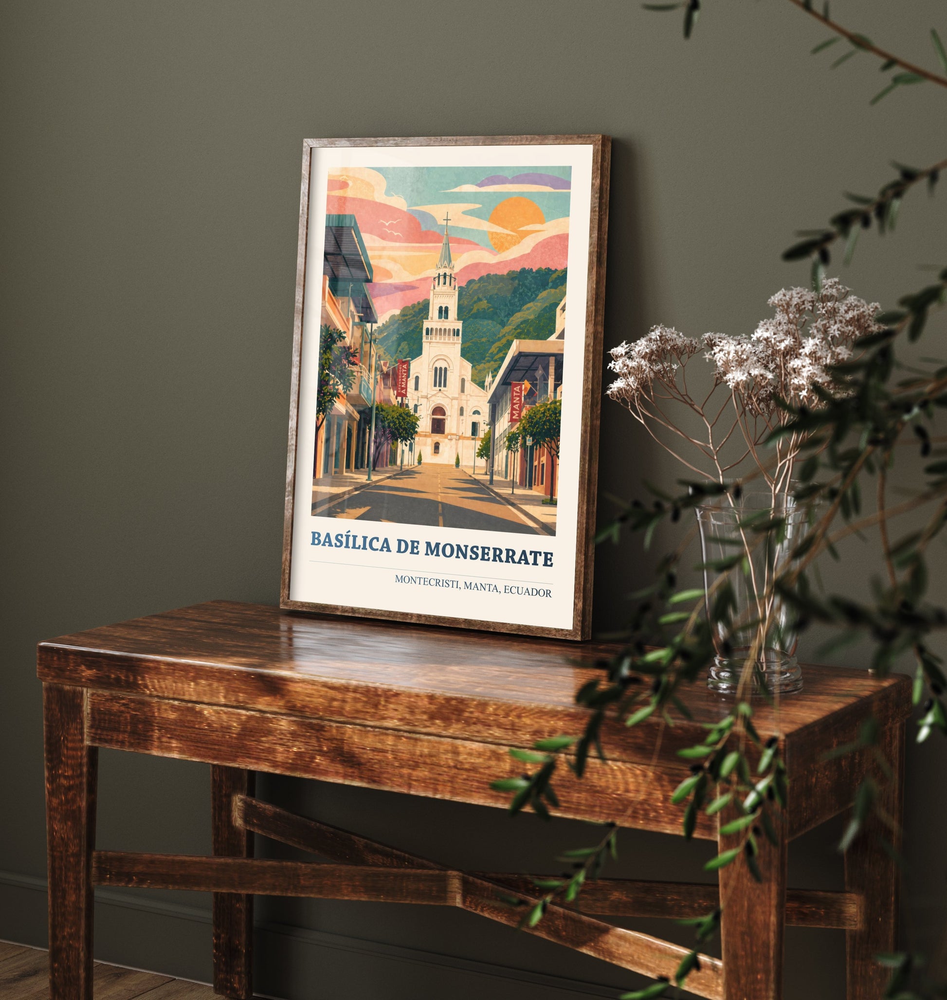 Montecristi Ecuador Travel Poster - Basilica de Monserrate Art Print - Vibrant City Illustration - White Church 2/3